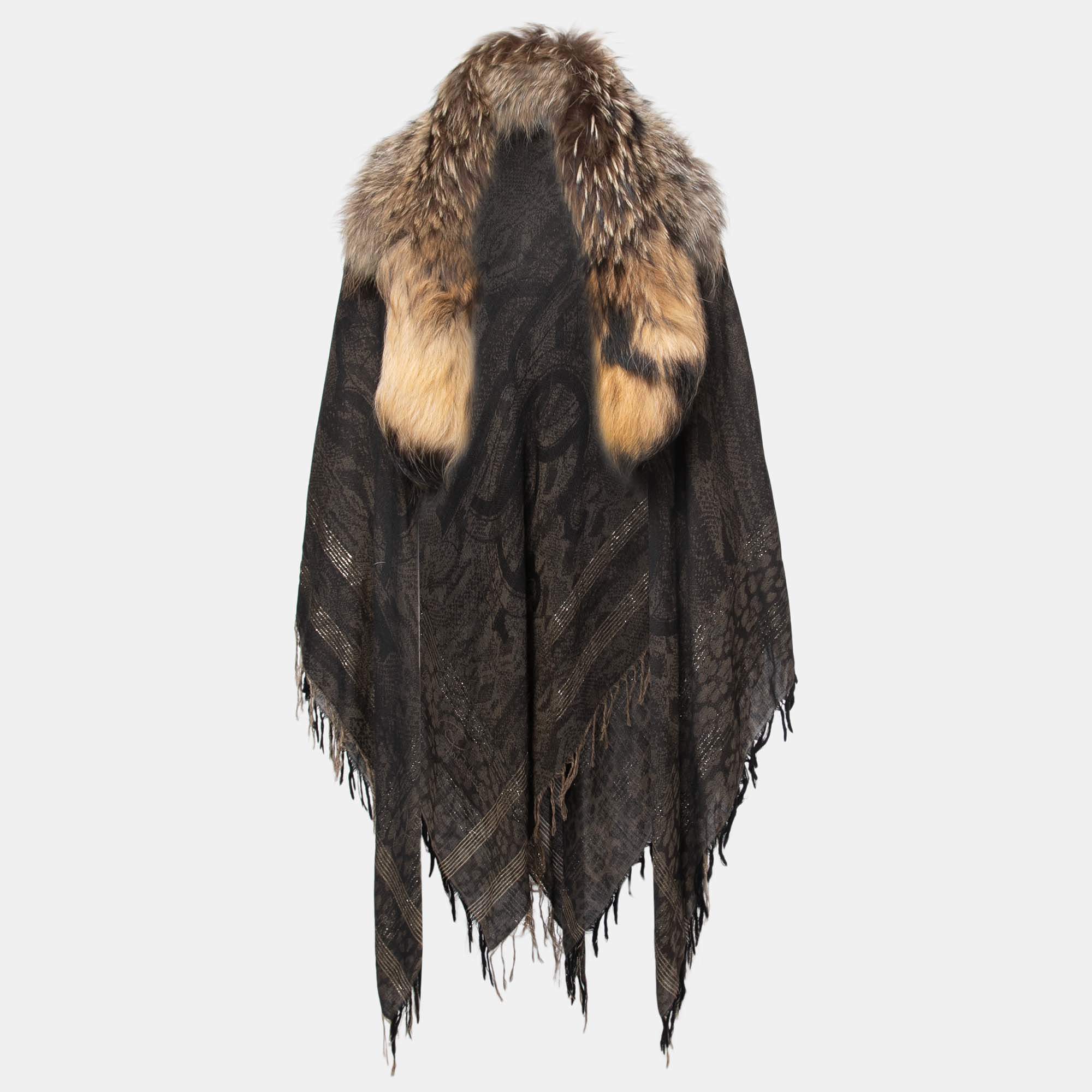 Roberto Cavalli Brown Wool Fur Trimmed Collared Cape One Size