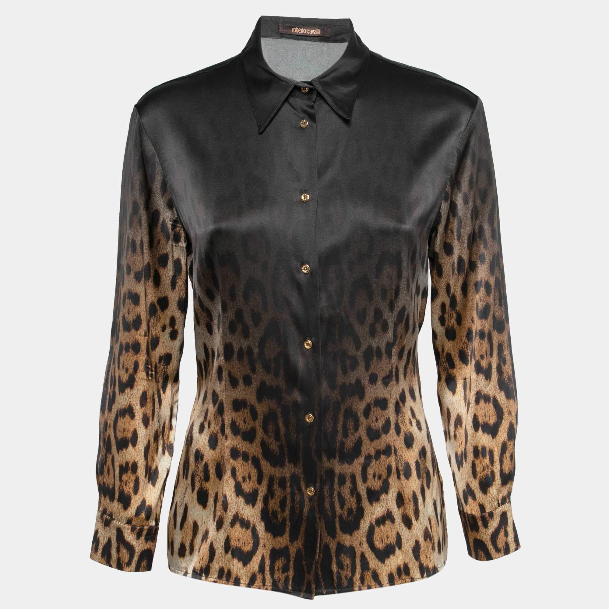 Pre Owned Roberto Cavalli Black/Brown Ombre Animal Print Silk Shirt L