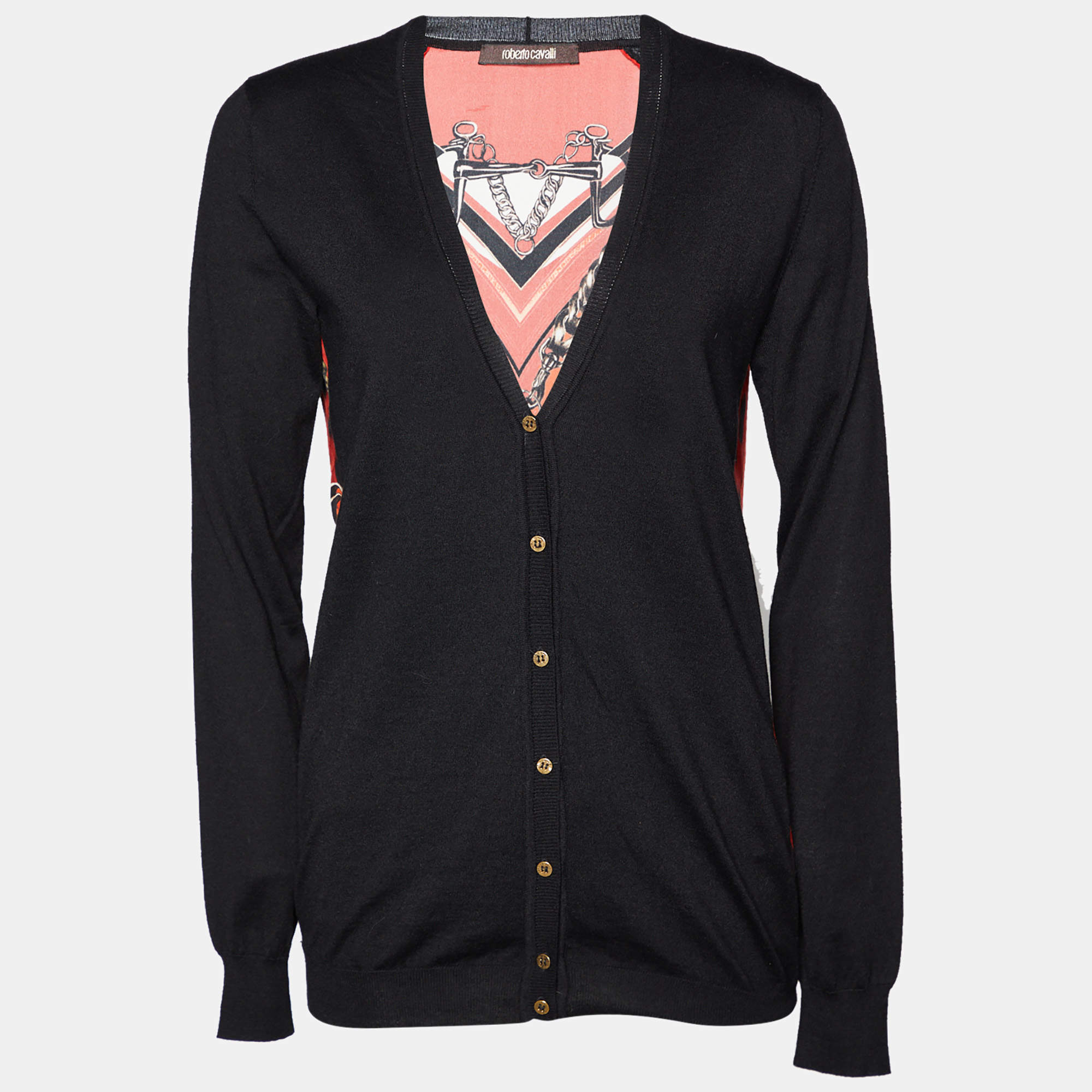 Pre Owned Roberto Cavalli Black Wool Knit & Printed Silk Cardigan S