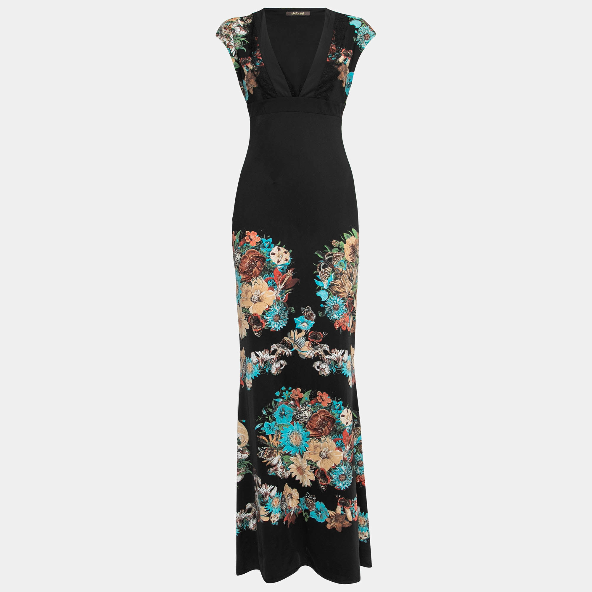Pre Owned Roberto Cavalli Black Floral Printed Jersey Maxi Dress M