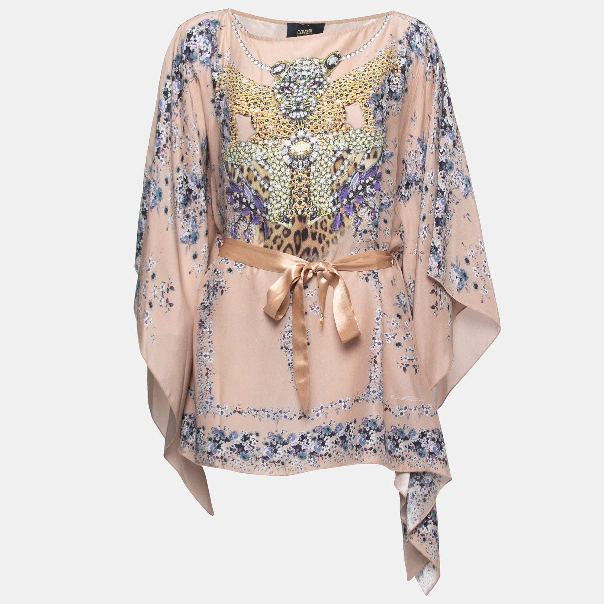 Pre Owned Roberto Cavalli Beige Jeweled Printed Silk Kaftan Top L