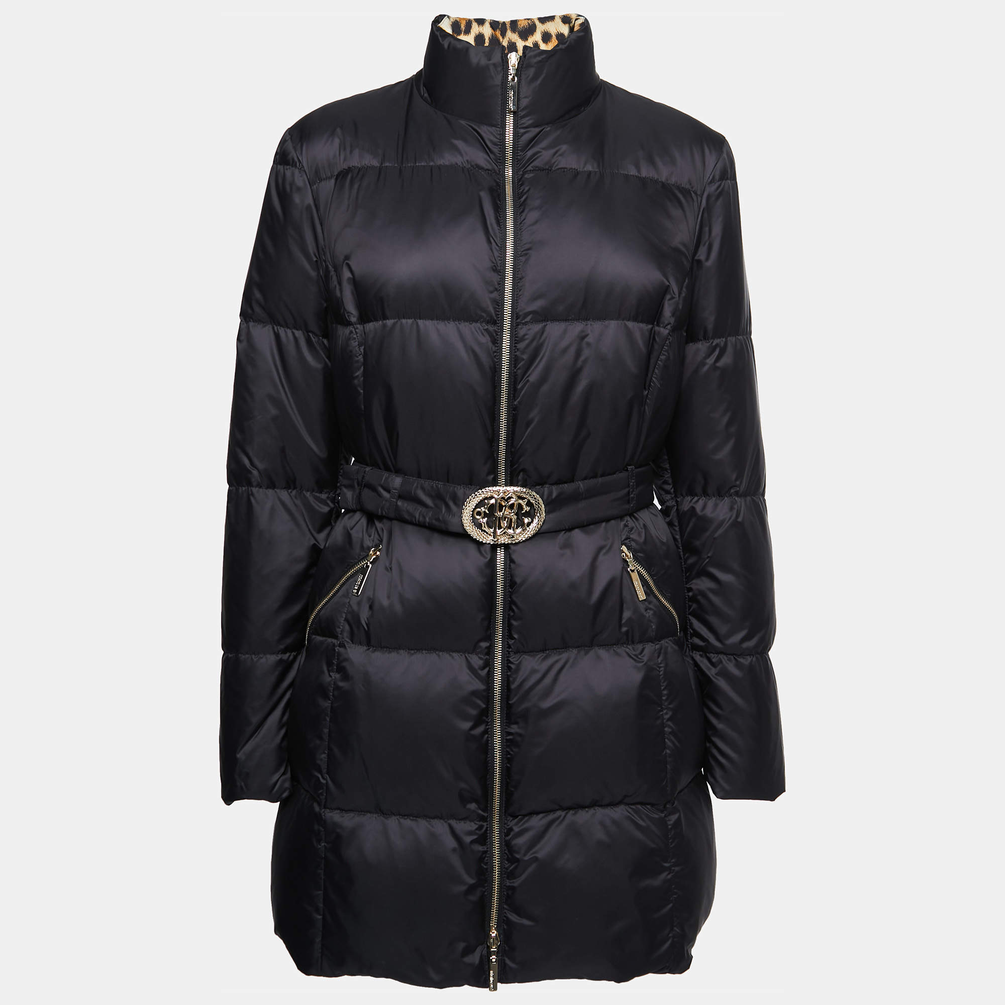 Pre Owned Roberto Cavalli Black Quilted Synthetic zipper Puffer Coat L