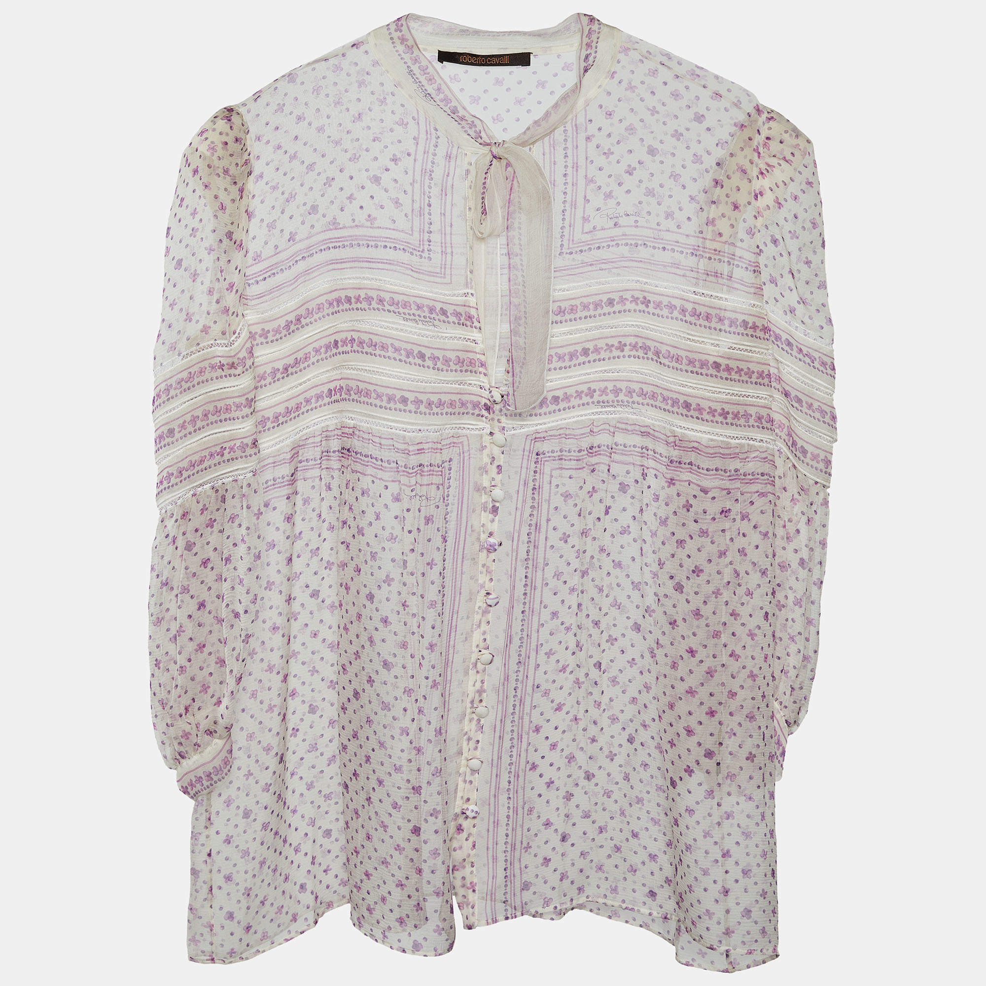 Pre Owned Roberto Cavalli White Floral Printed Silk Top M