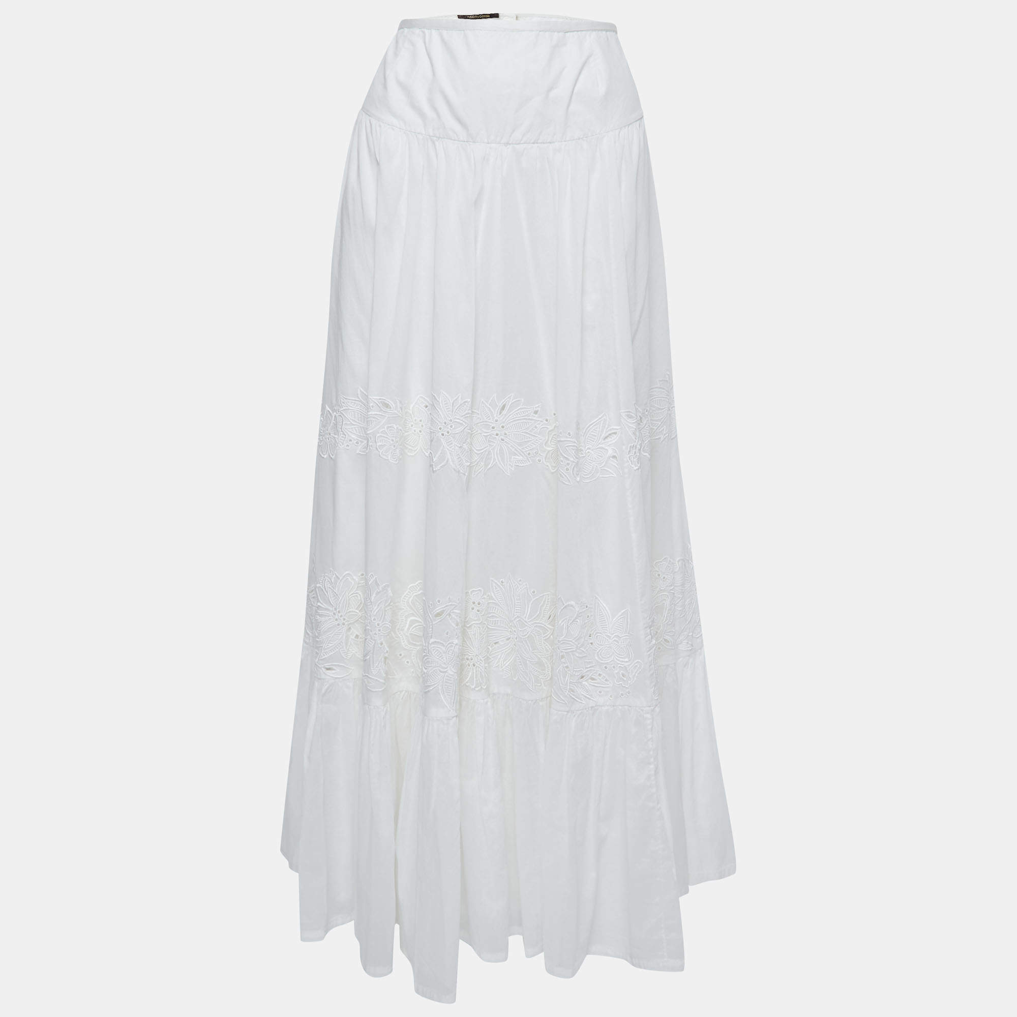 Pre Owned Roberto Cavalli White Cotton Lace Detail Gathered Maxi Skirt M