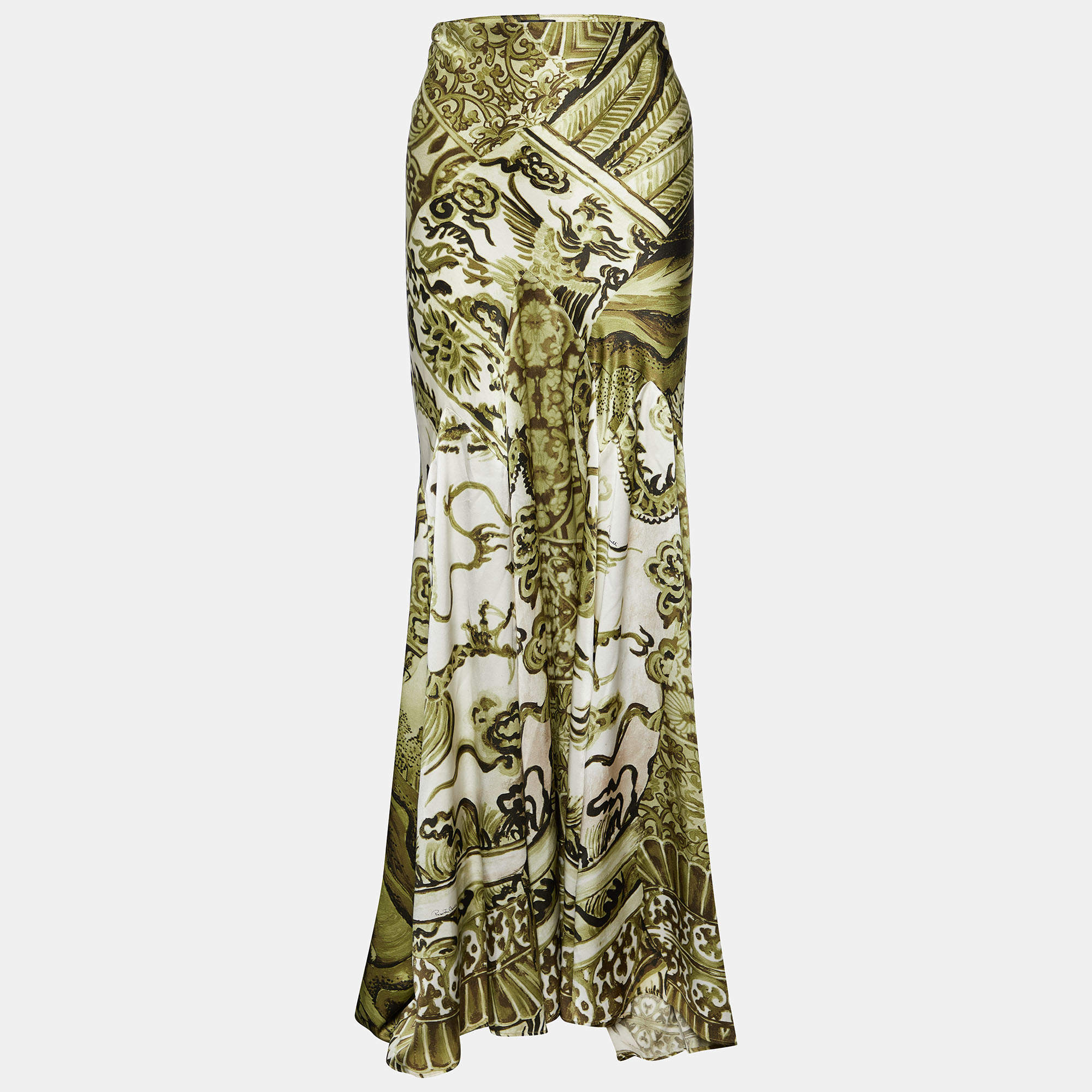 Pre Owned Roberto Cavalli Green Printed Satin Silk Flared Hem Maxi Skirt M