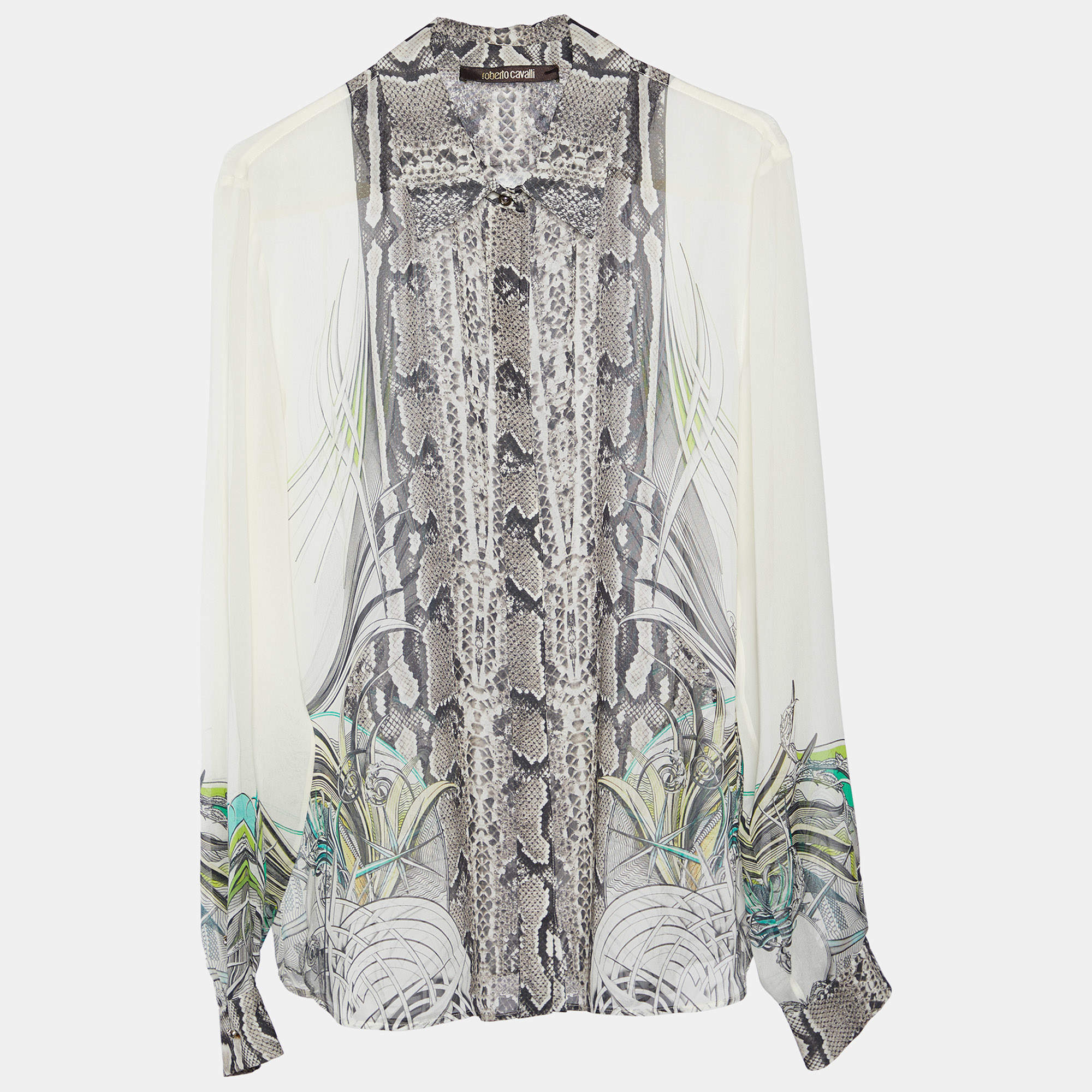 مملوكة مسبقًا Roberto Cavalli Cream Python Printed Silk Button Front Shirt M