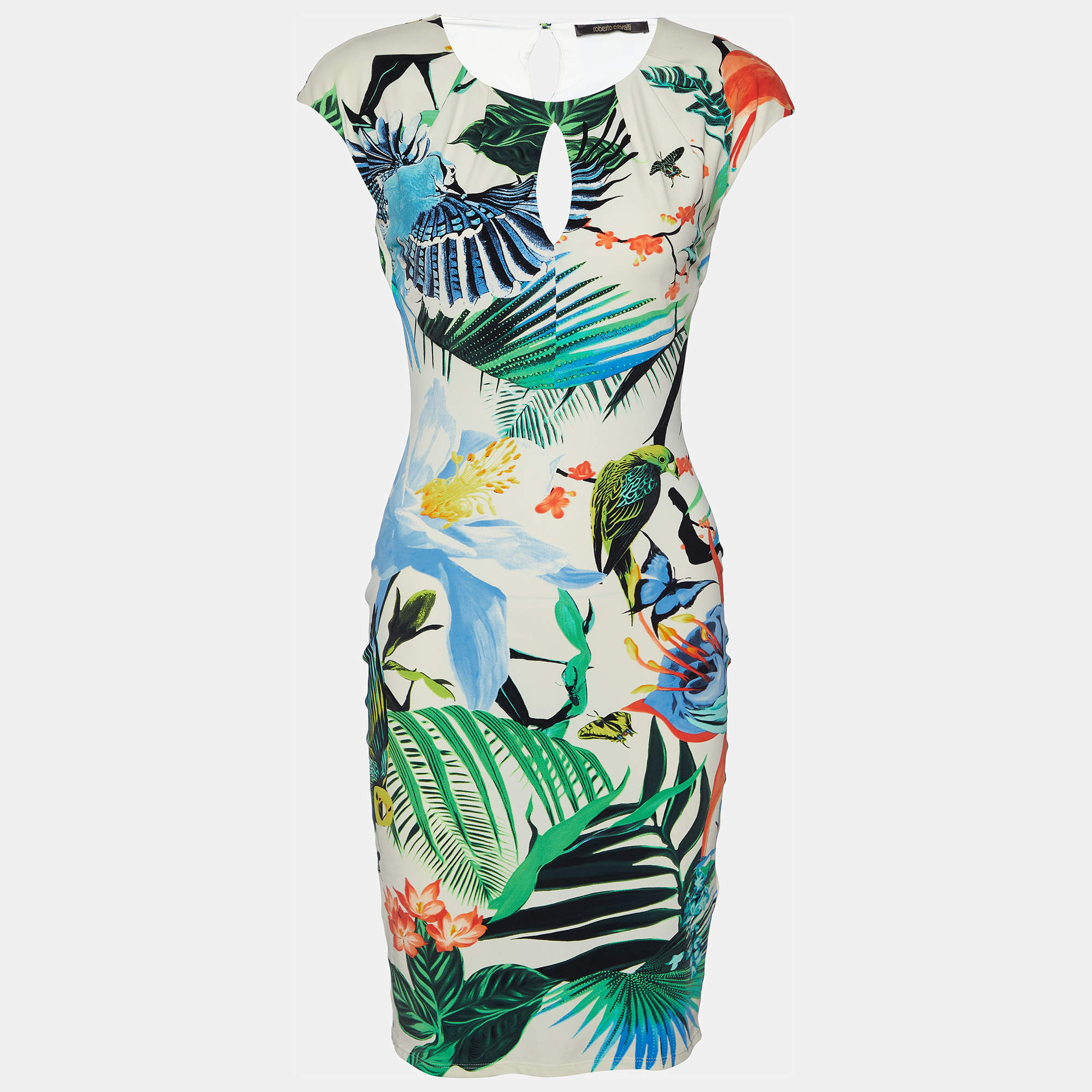 Pre Owned Roberto Cavalli Cream Birds printed Jersey Sheath Dress S