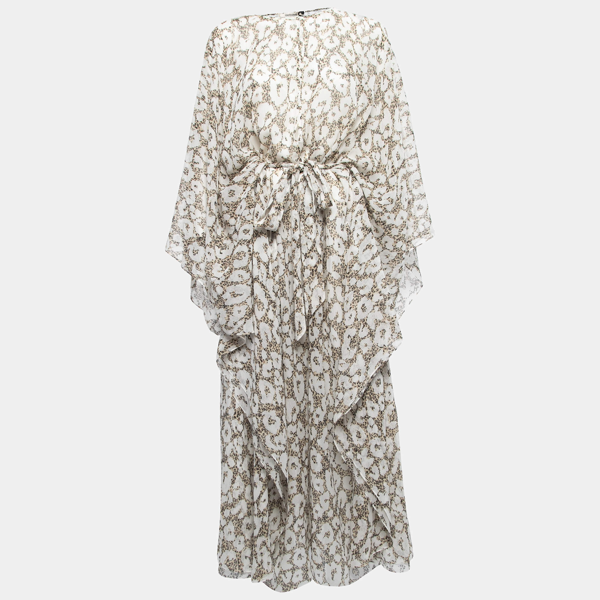 Pre Owned Roberto Cavalli  White Animal Printed Silk Tie Detail Wide-Leg Kaftan Jumpsuit XL 