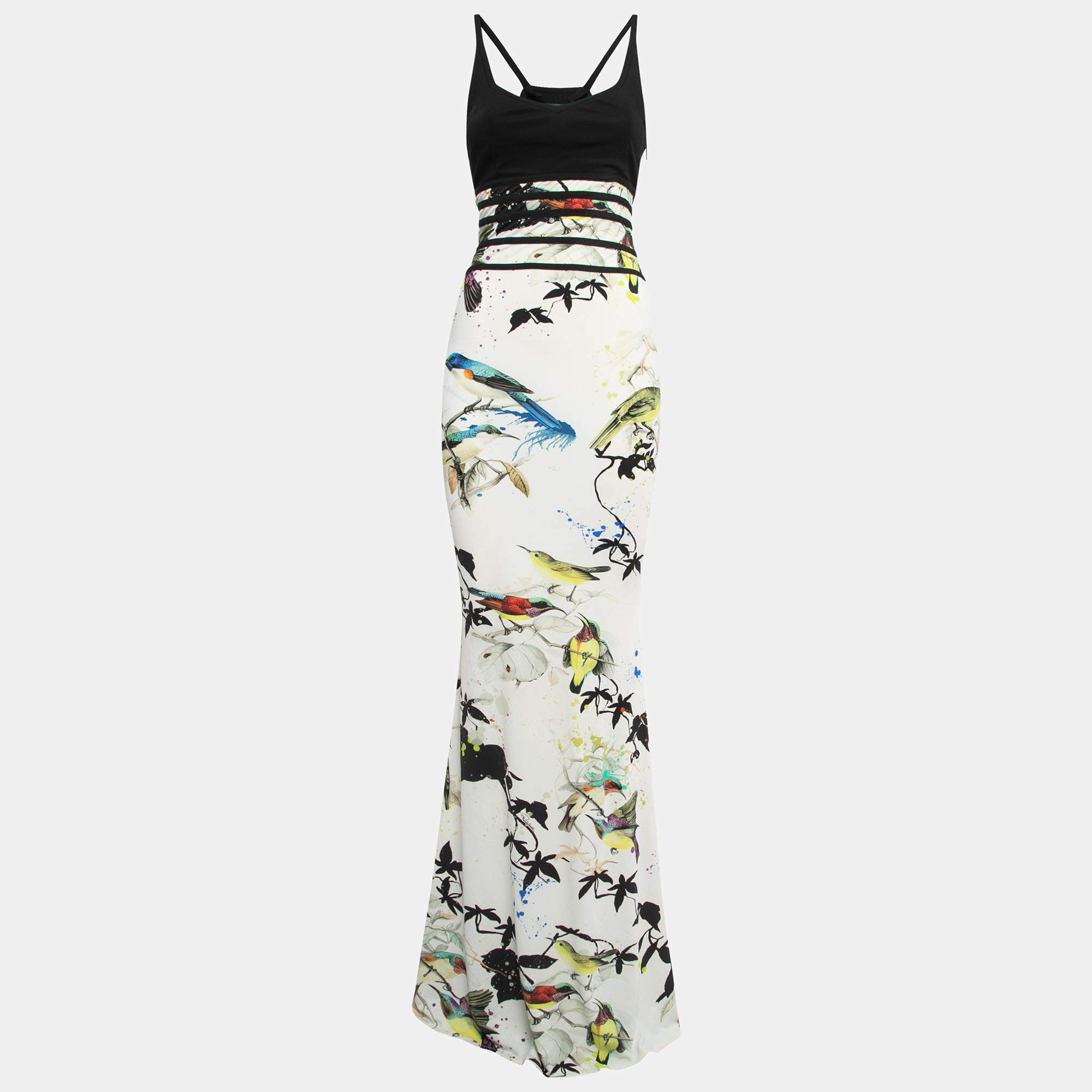Pre Owned Roberto Cavalli White/Black Birds Printed Jersey Sleeveless Long Dress S