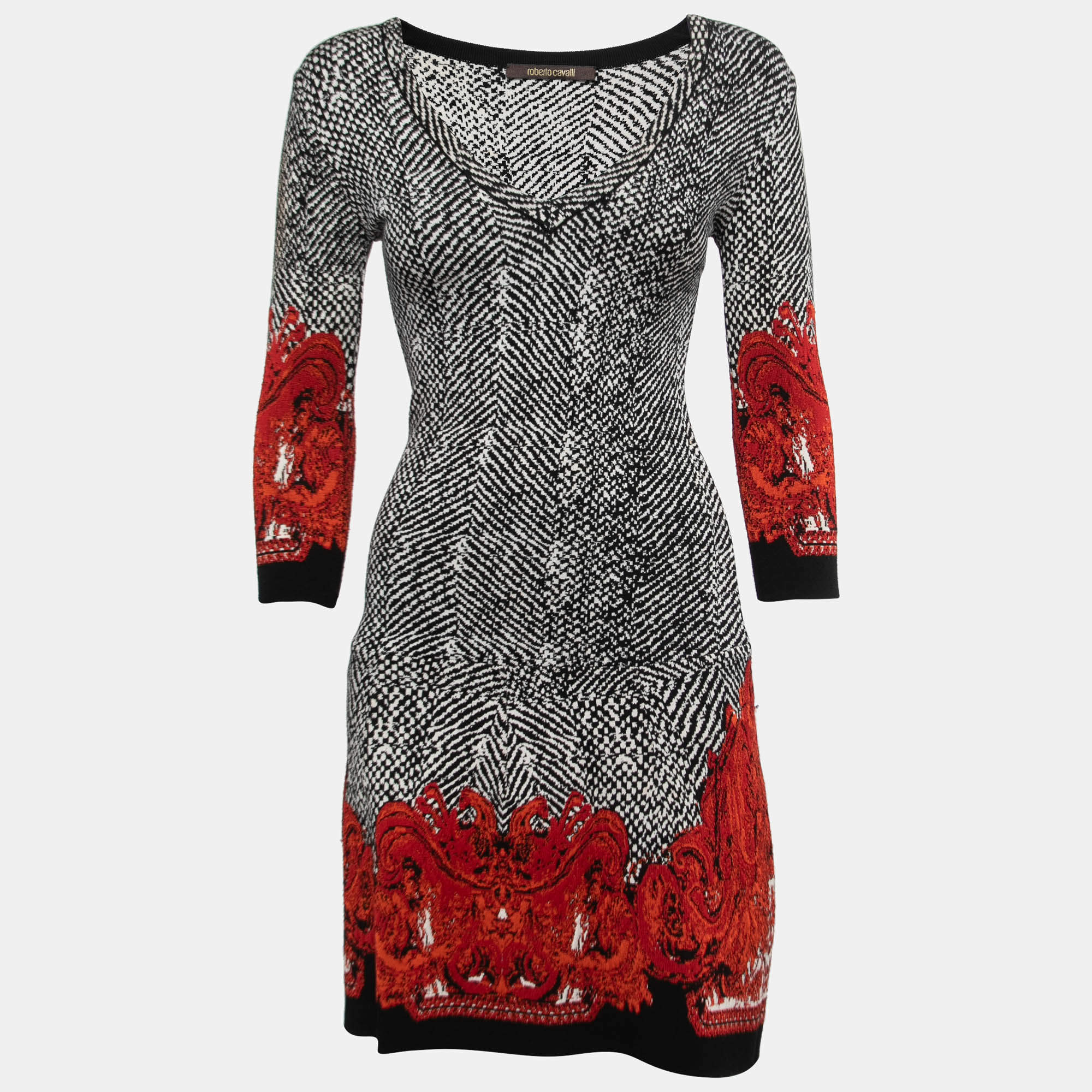 Pre Owned Roberto Cavalli Black/White Jacquard Knit V-Neck Midi Dress S