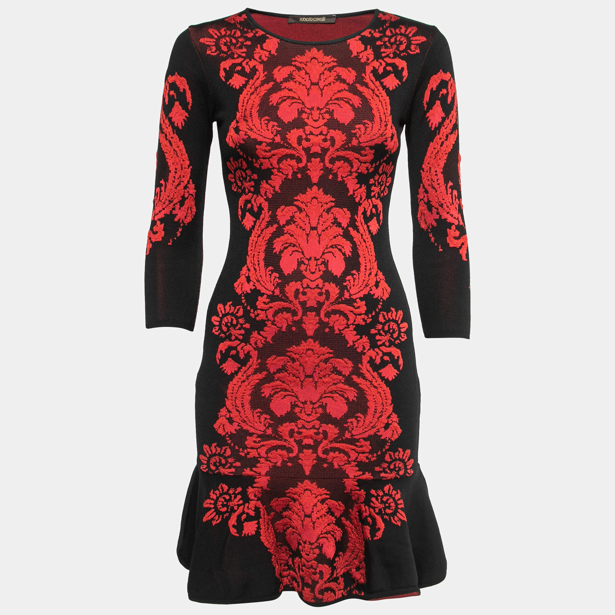 Pre Owned Roberto Cavalli Black/Red Jacquard Knit Midi Dress S