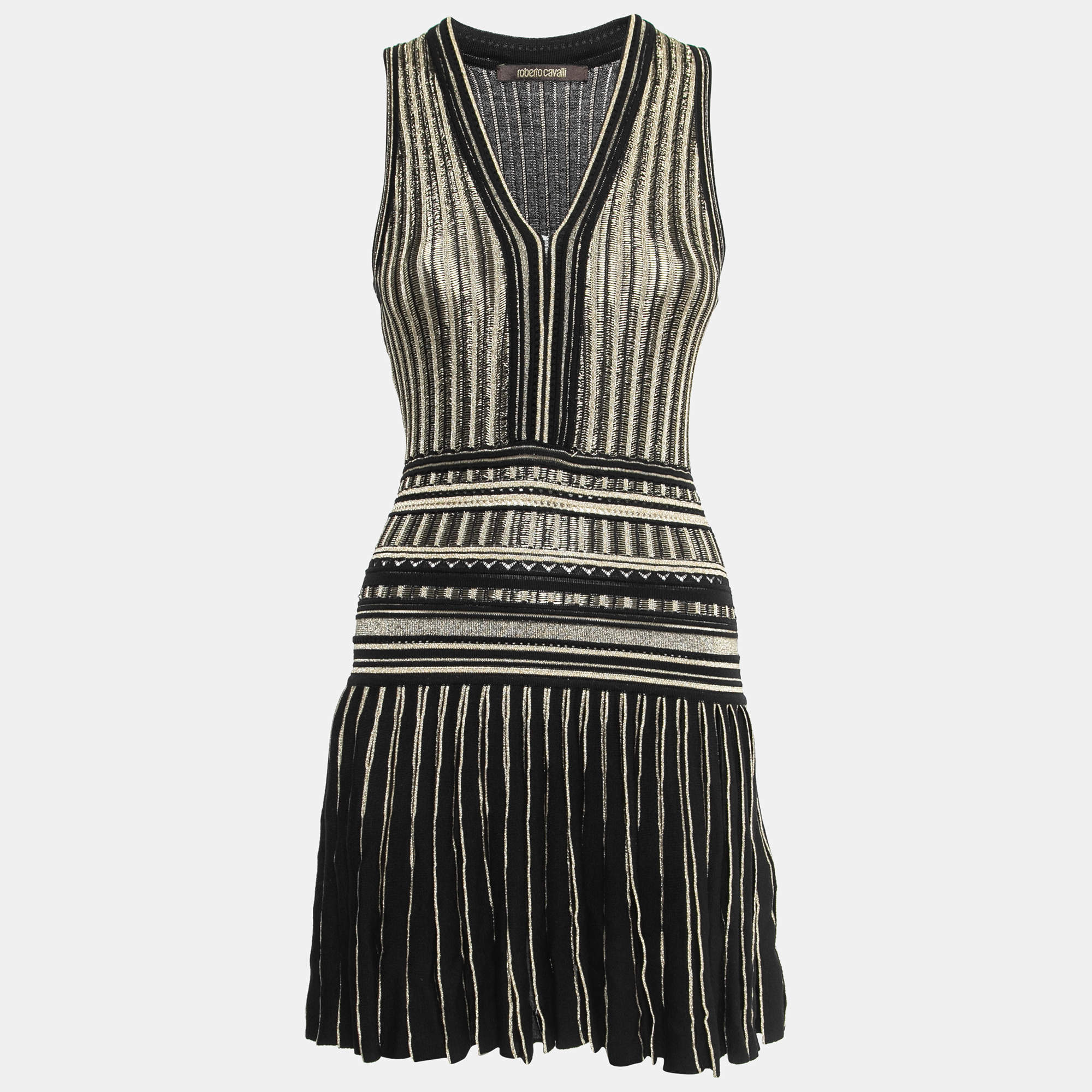 Pre Owned Roberto Cavalli Black/Gold Wool Blend Knit Sleeveless Skater Mini Dress S
