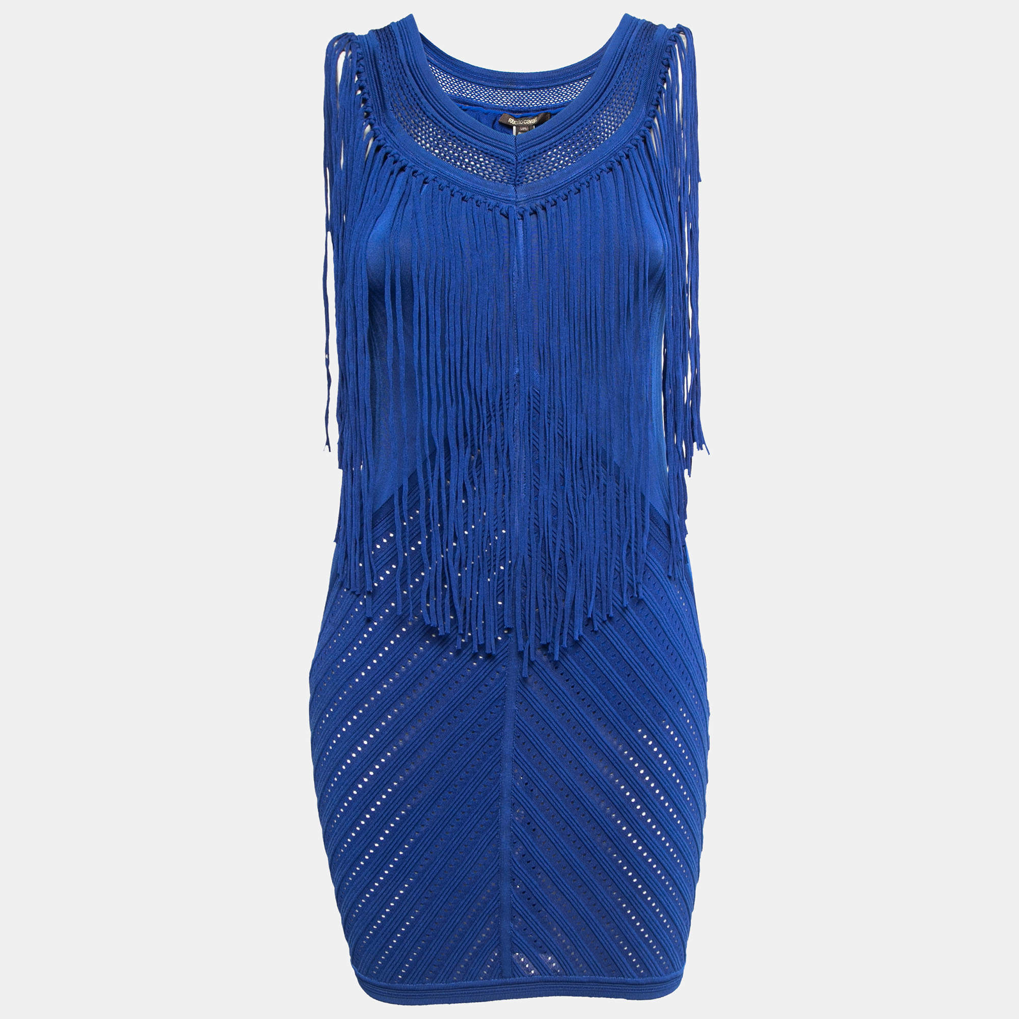 Pre Owned Roberto Cavalli Blue Knit Fringed Sleeveless Mini Dress M