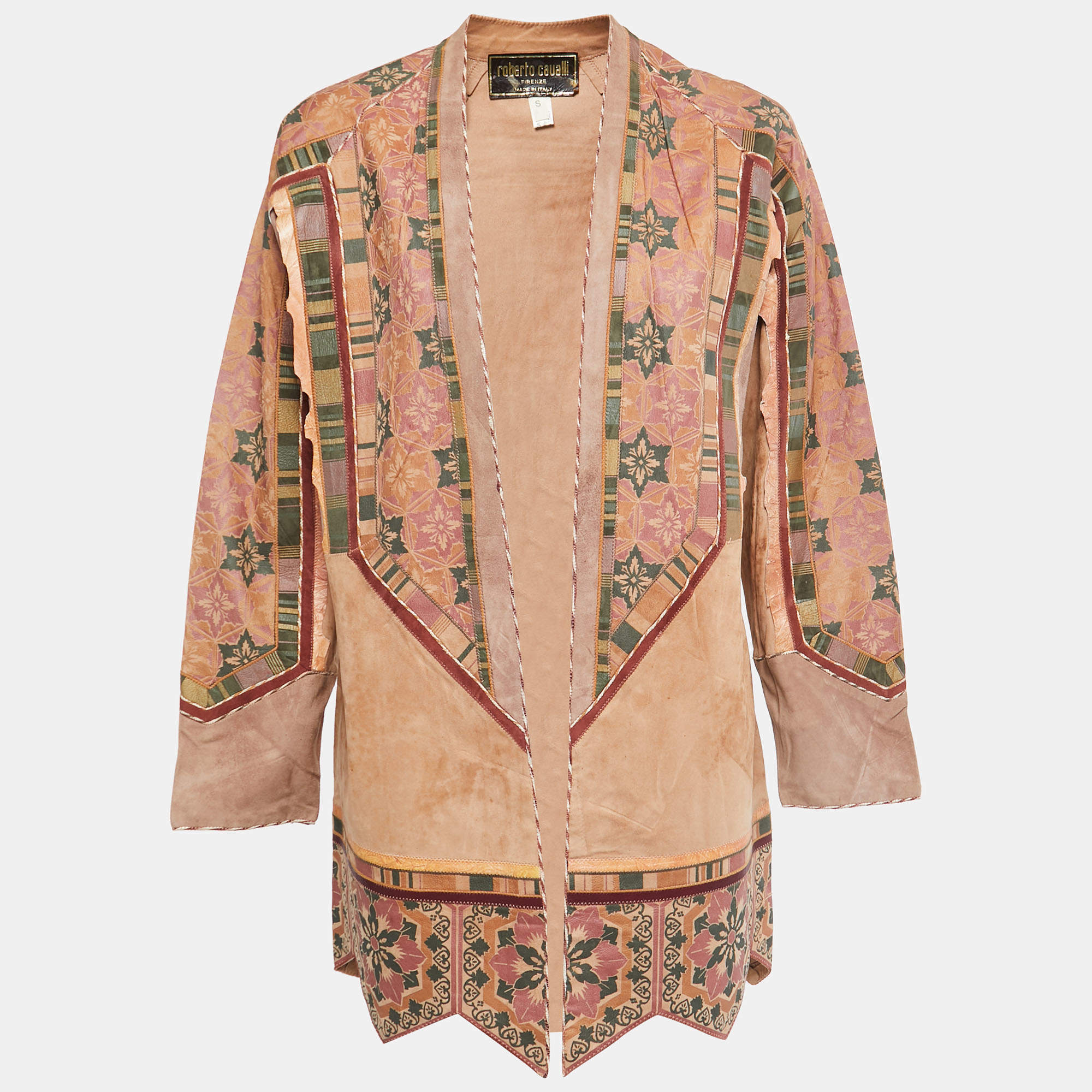 Pre Owned Roberto Cavalli Vintage Brown Patchwork Leather Coat S