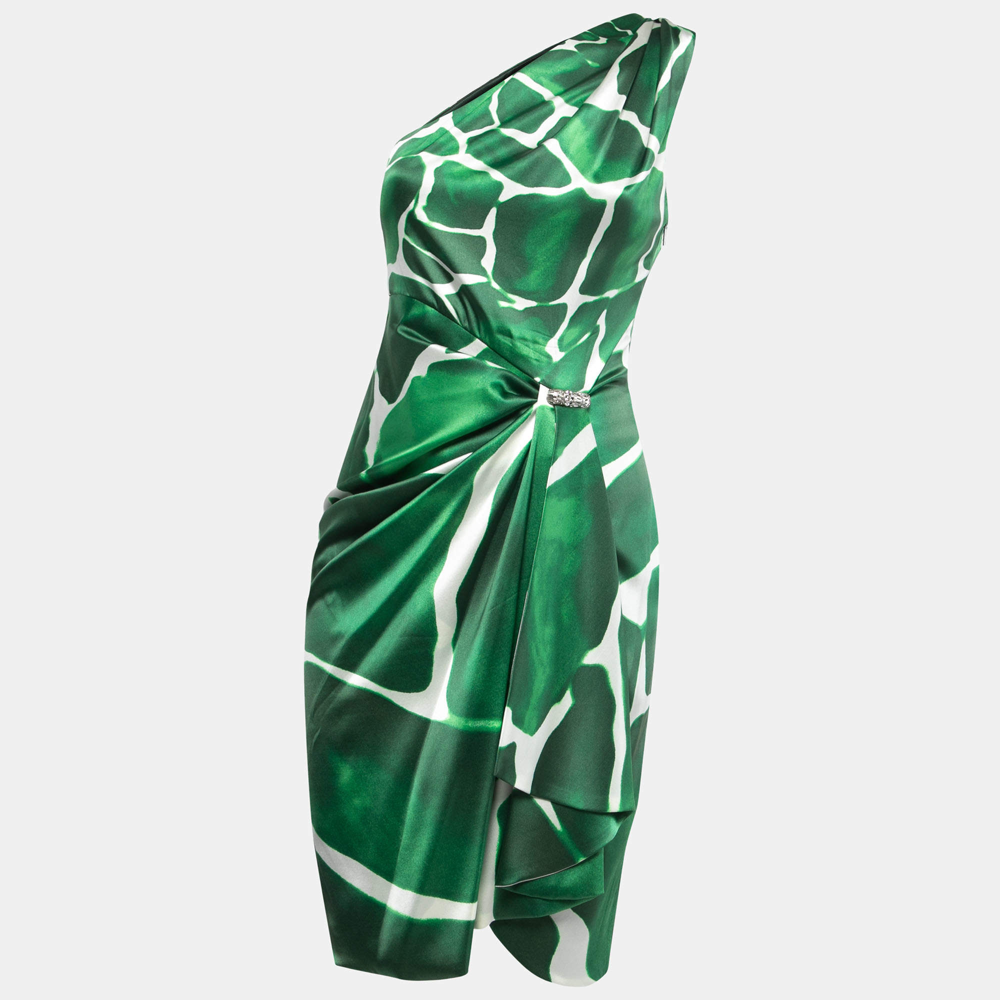Pre Owned Roberto Cavalli Green Printed Satin Silk Faux Wrap One Shoulder Mini Dress M