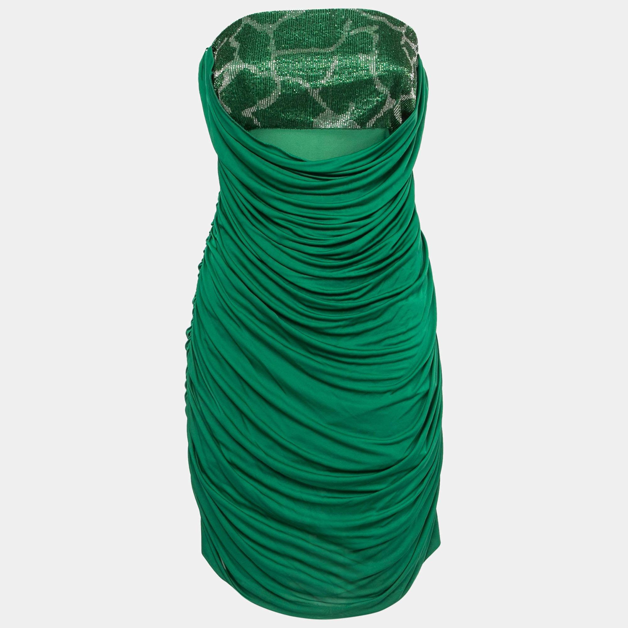 Pre Owned Roberto Cavalli Green Embellished Jersey Draped Strapless Dress M