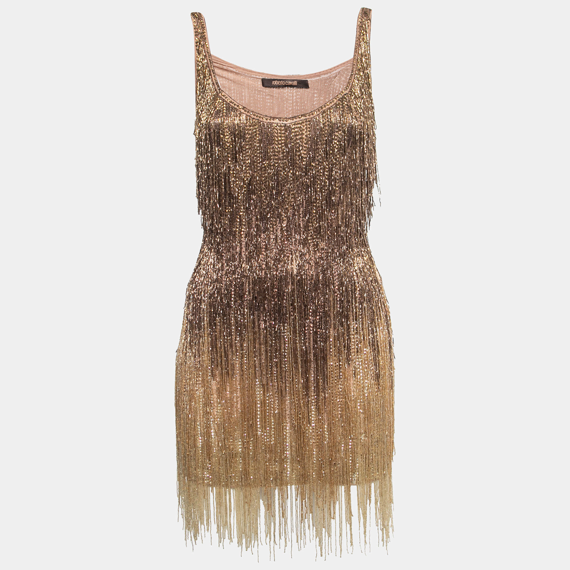 Pre Owned Roberto Cavalli Ombre Gold Beads Embellished Silk Sleeveless Mini Dress S