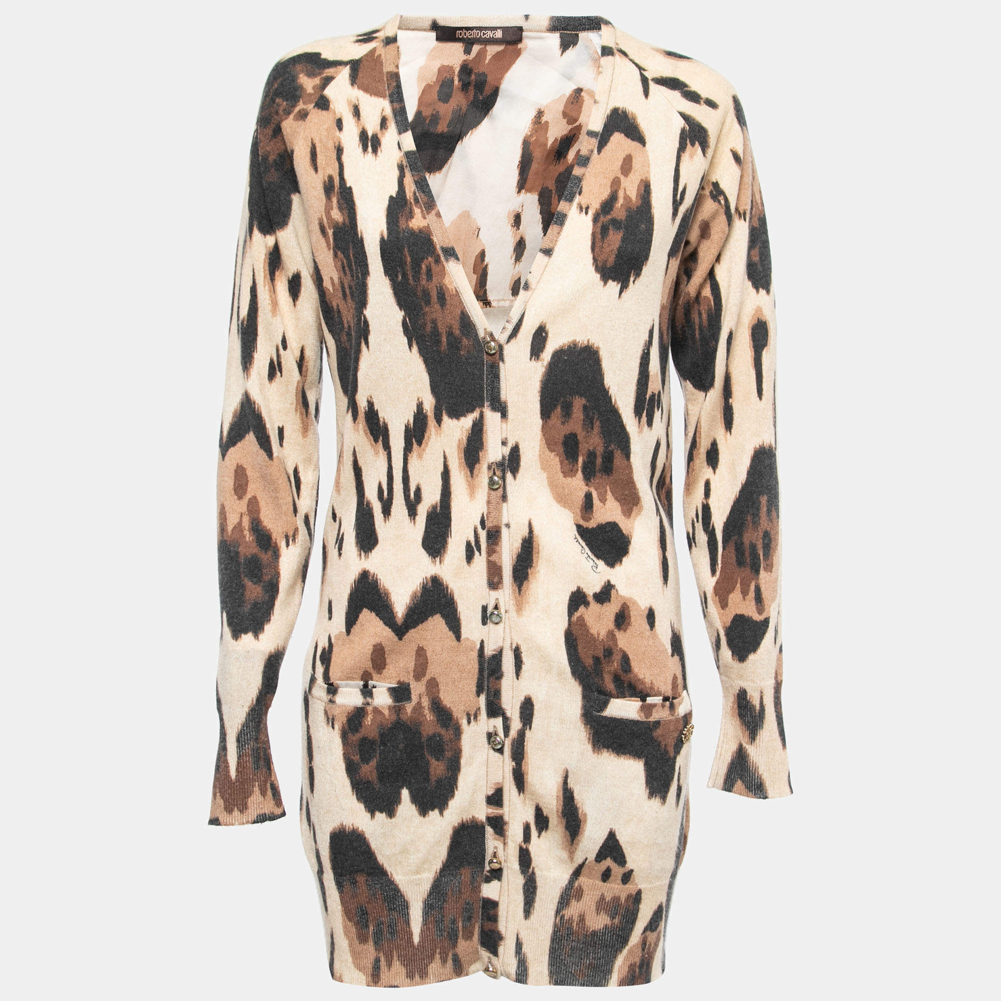 Pre Owned Roberto Cavalli Beige Animal Print Cashmere Button Front Long Cardigan M