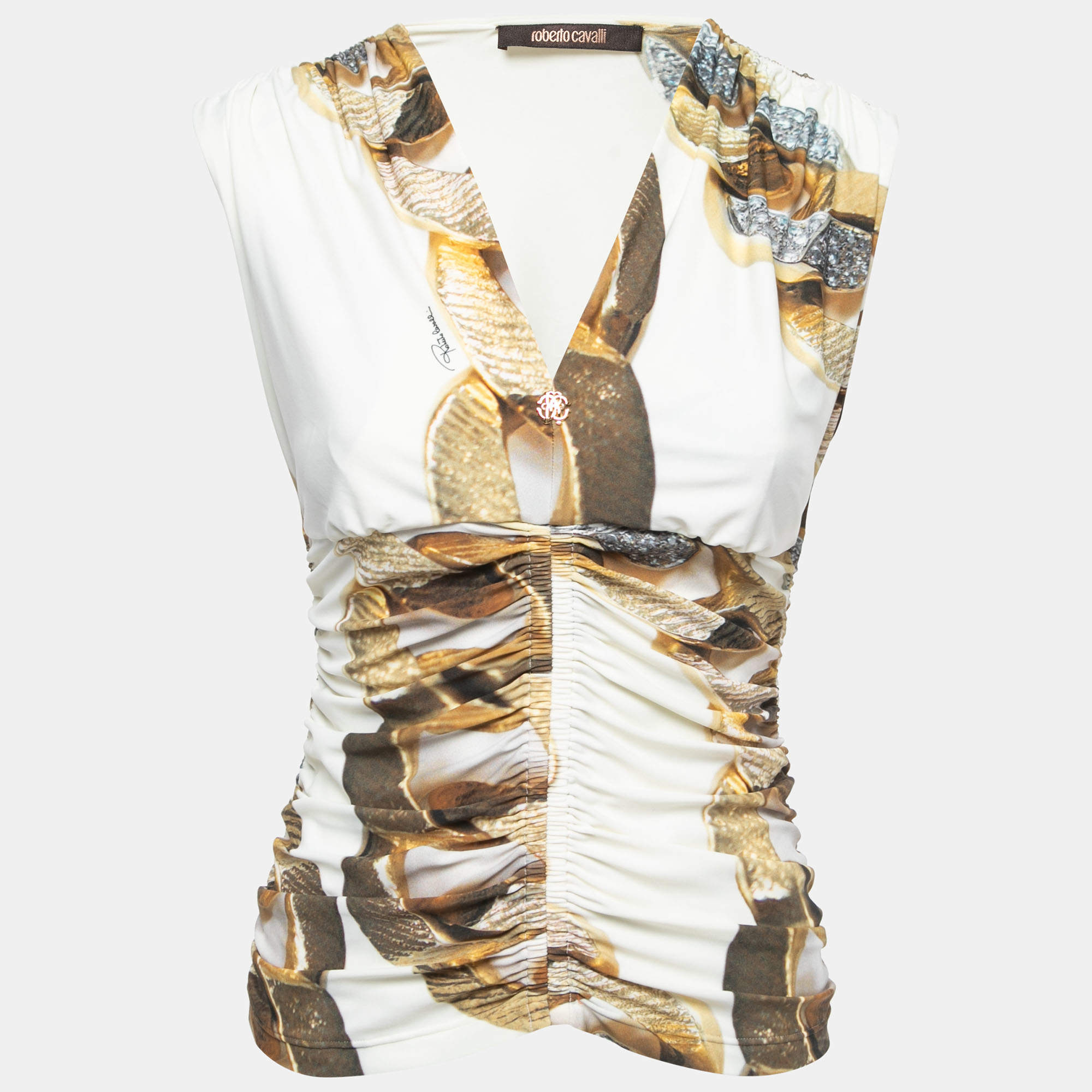 Pre Owned Roberto Cavalli Cream Printed Jersey V-Neck Ruched Sleeveless Top L