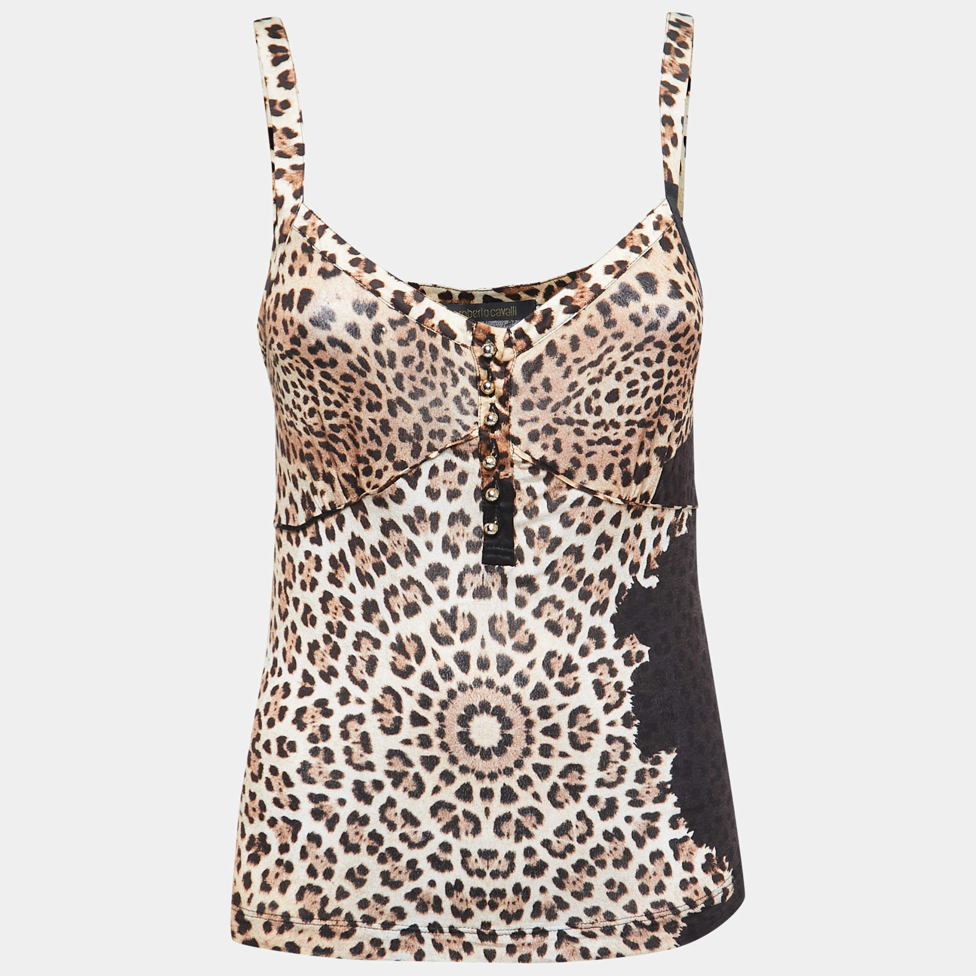 Pre Owned Roberto Cavalli Black Animal print Button Front V-Neck Camisole M