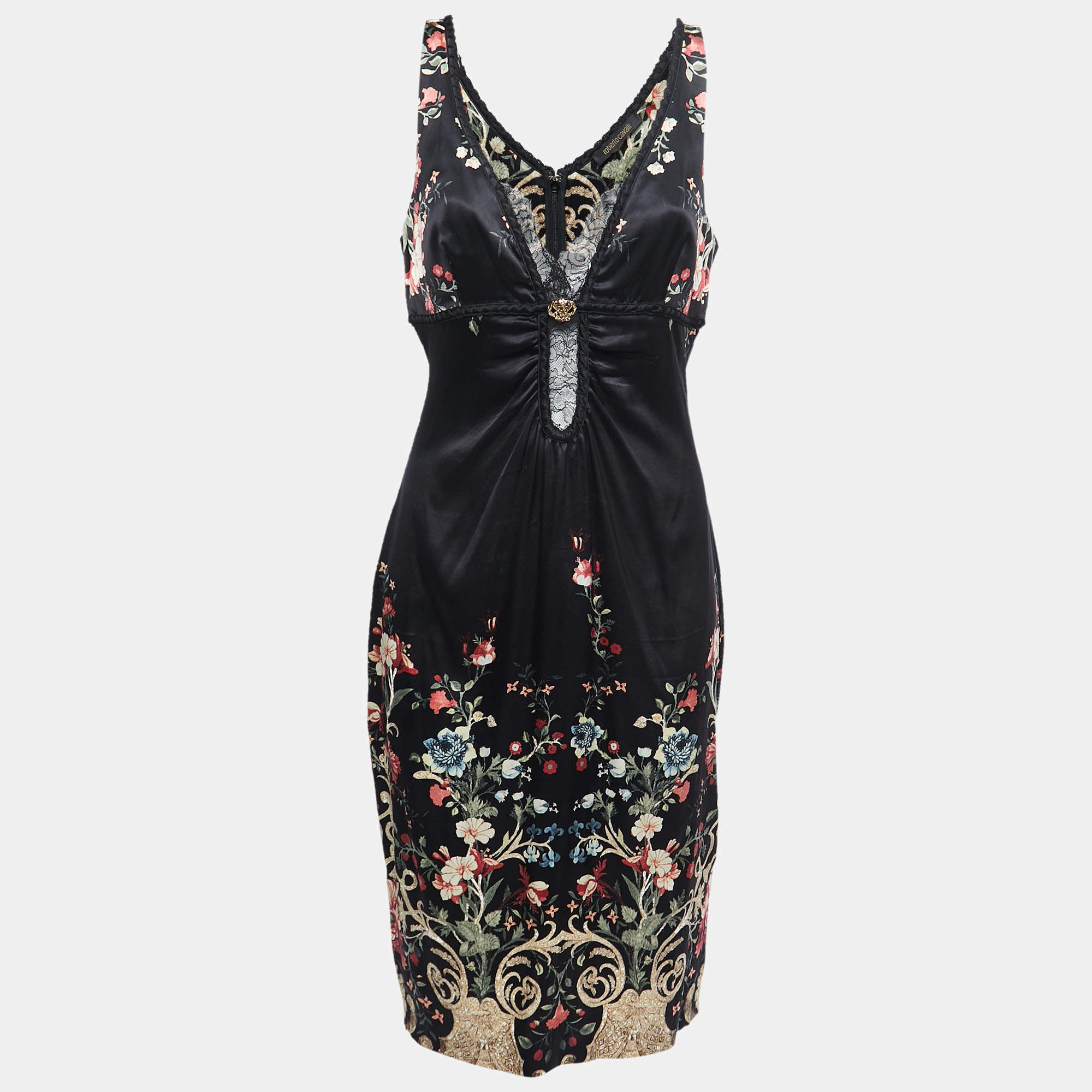 Pre Owned Roberto Cavalli Black Floral Print Silk Satin Lace Trimmed Sleeveless Midi Dress L