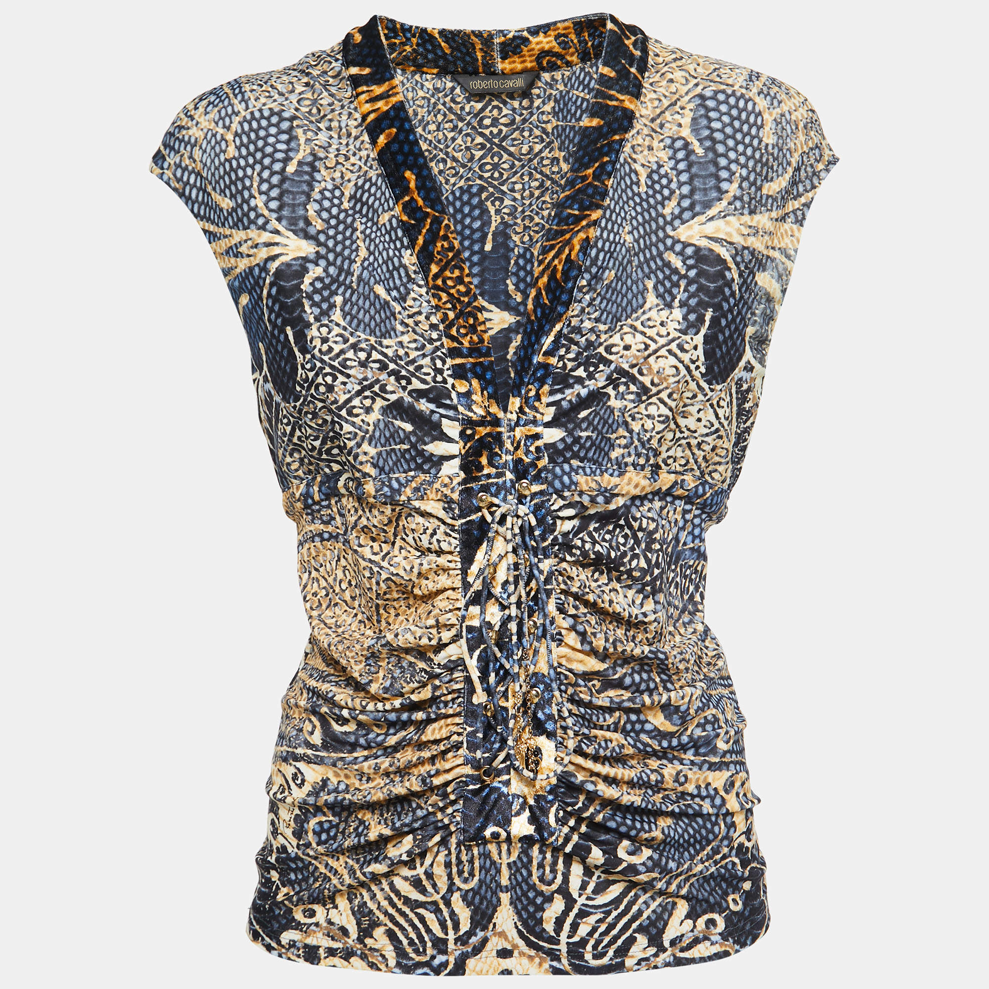 Pre Owned Roberto Cavalli Multicolor Printed Jersey Velvet Trimmed Tie Front Top M