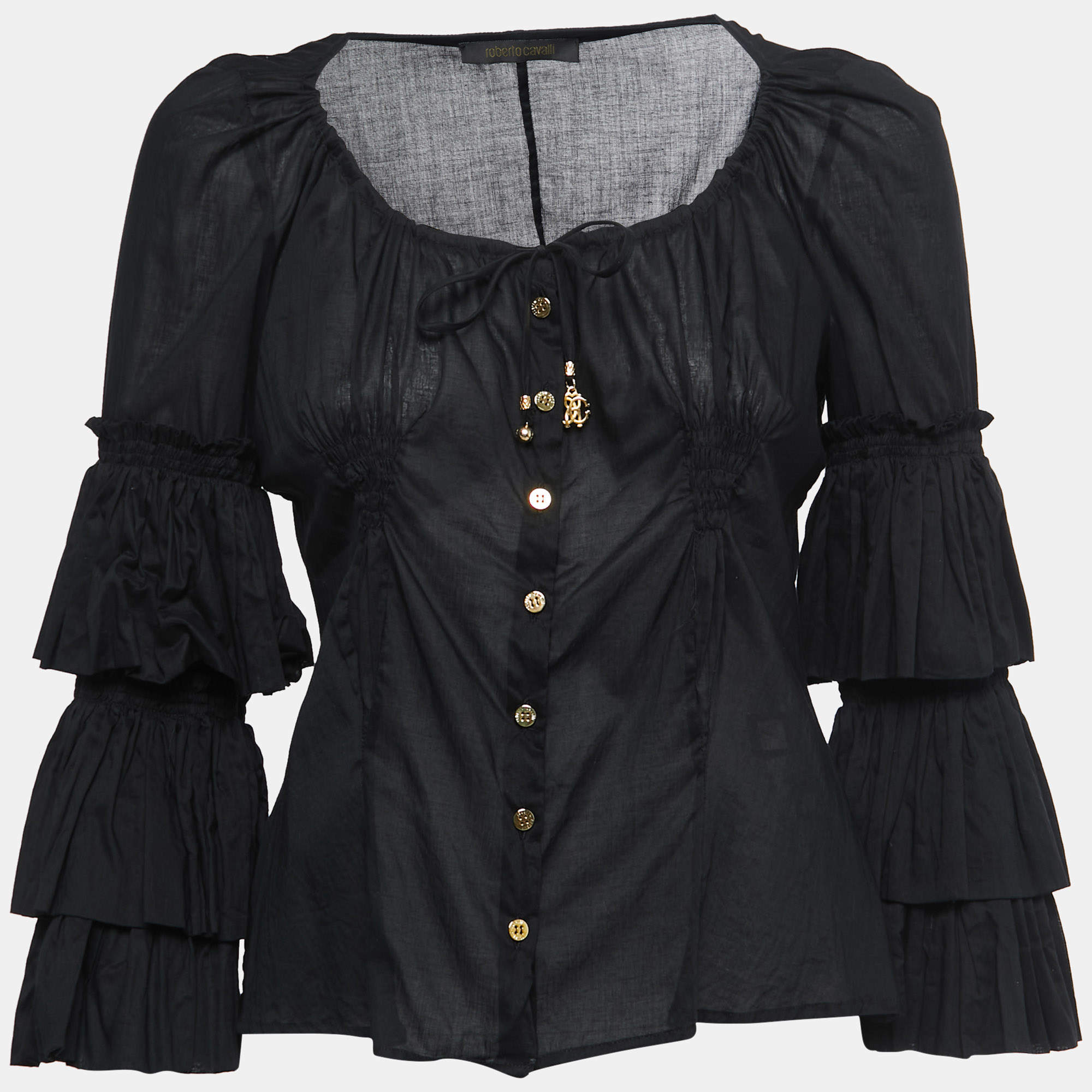 مملوكة مسبقًا Roberto Cavalli Black Cotton Frill Detail Button Front Long Sleeve Top M