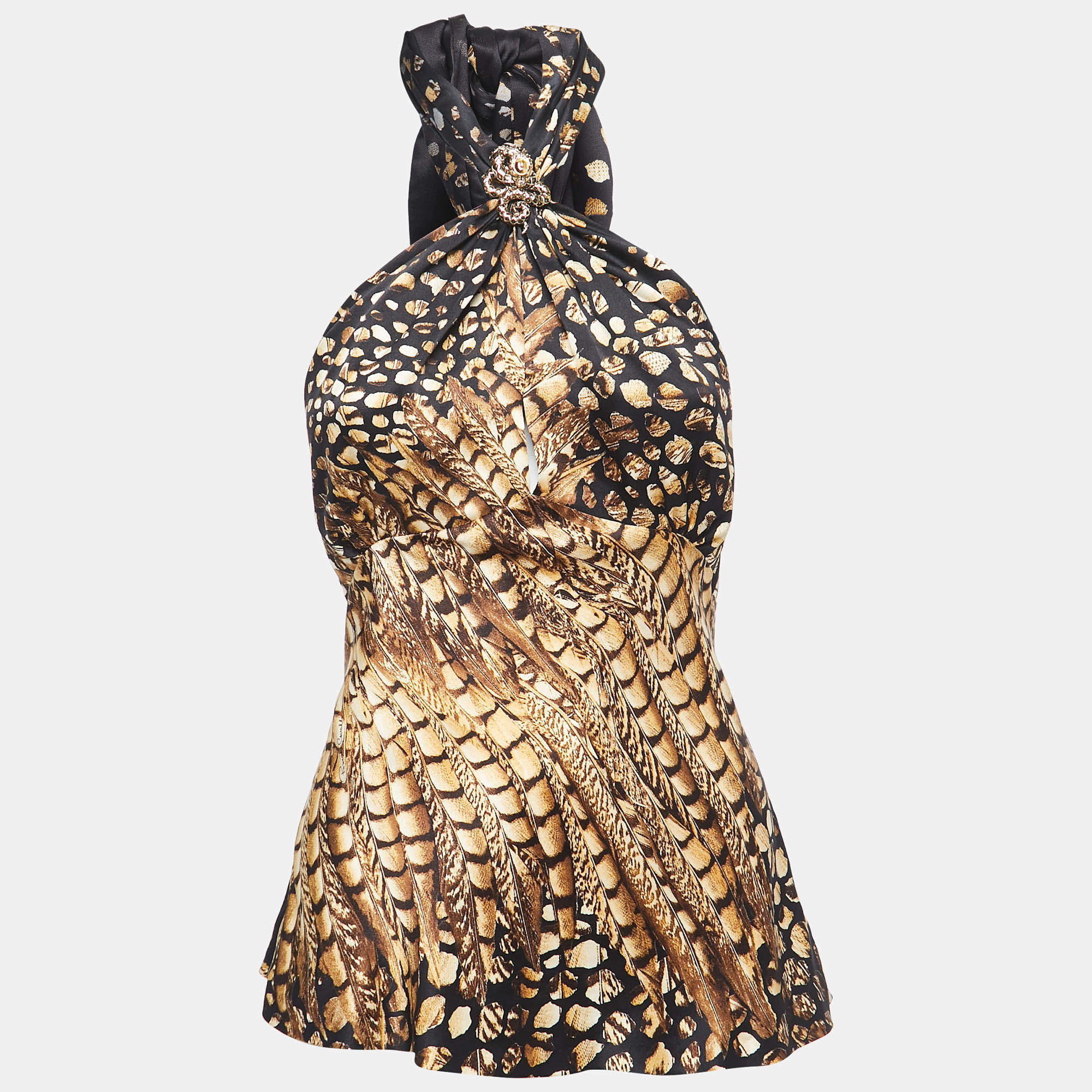 Pre Owned Roberto Cavalli Black Printed Silk Satin Halter Neck Top L