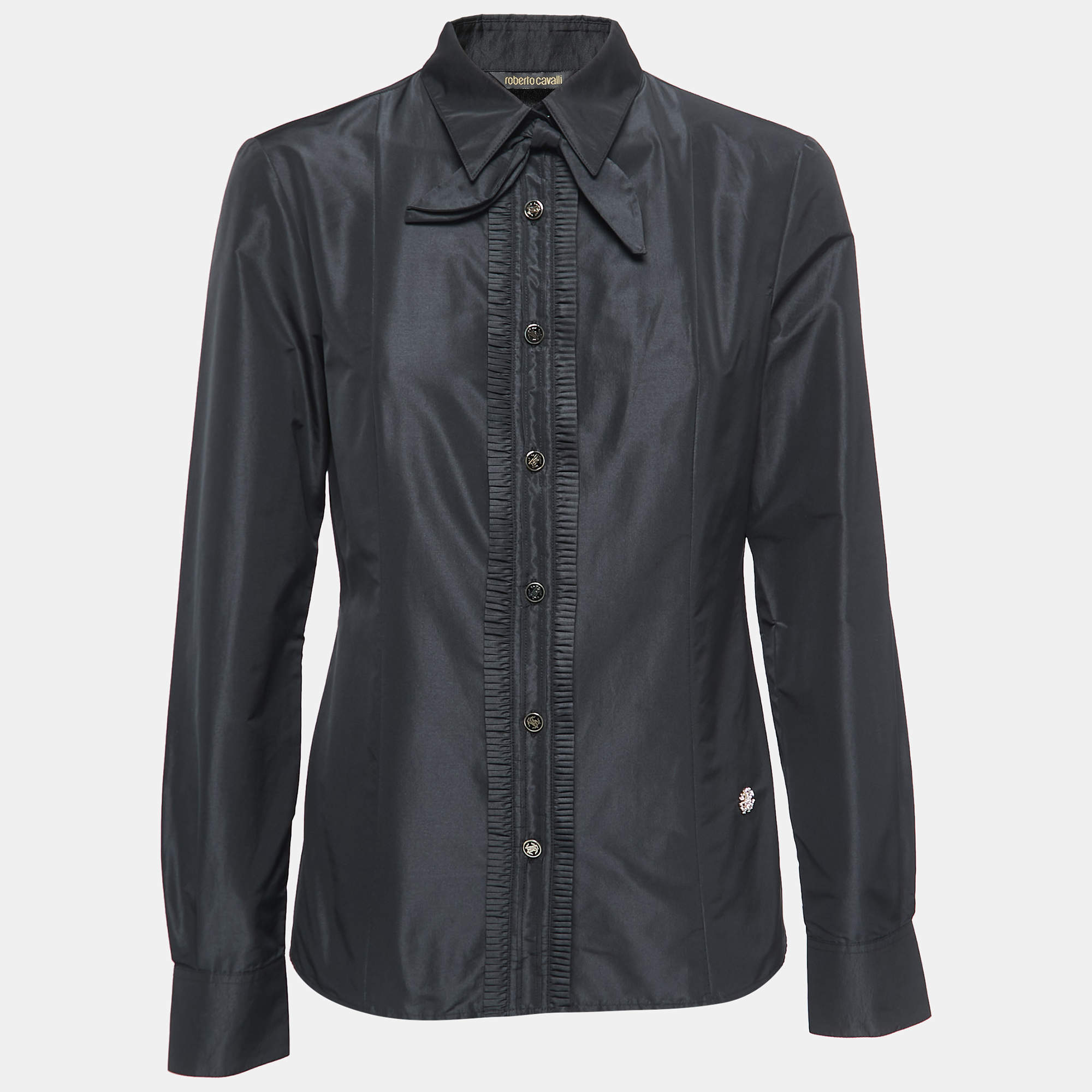 Pre Owned Roberto Cavalli Black Taffeta Ruffled Shirt M