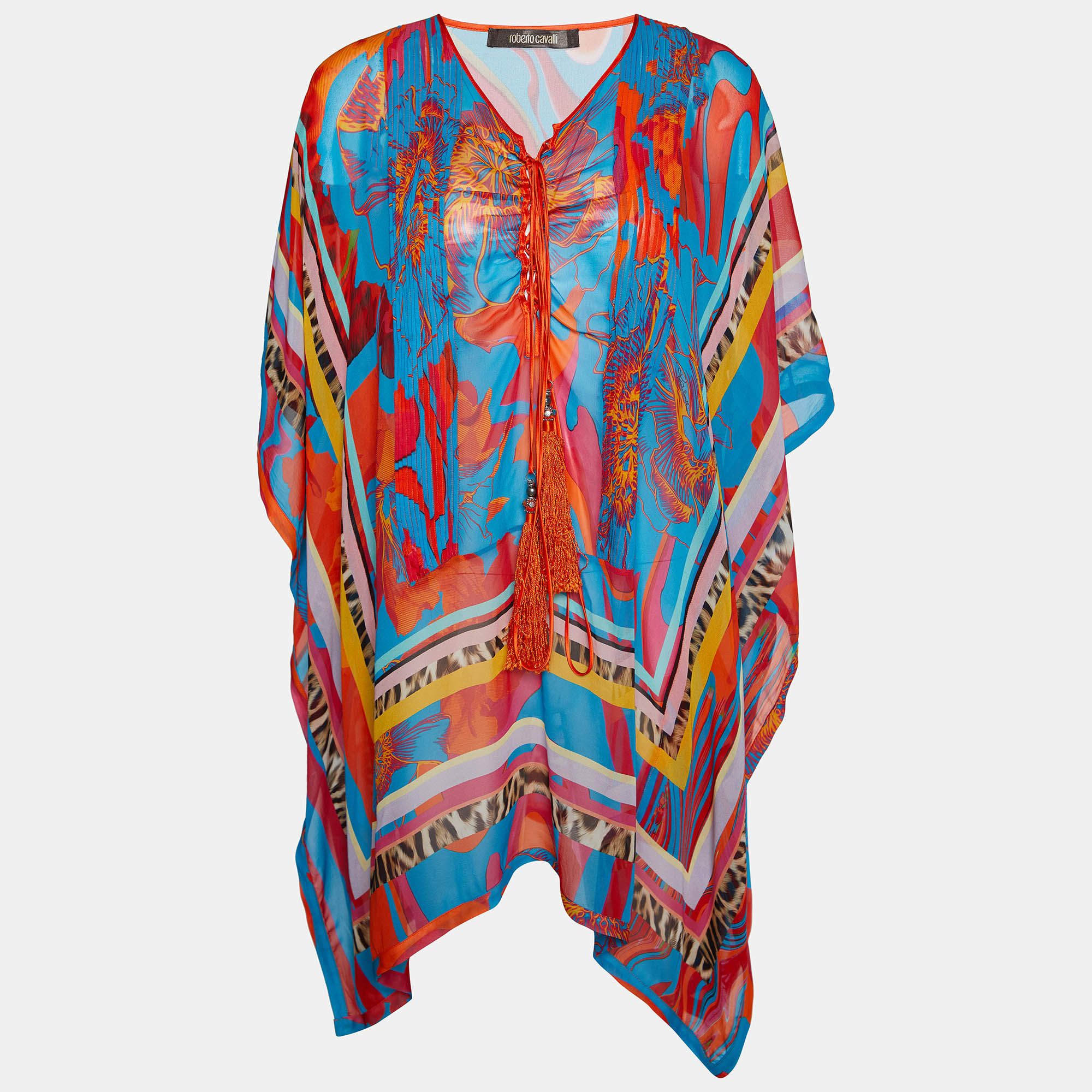 Pre Owned Roberto Cavalli Multicolor Printed Silk Sheer Kaftan Top L