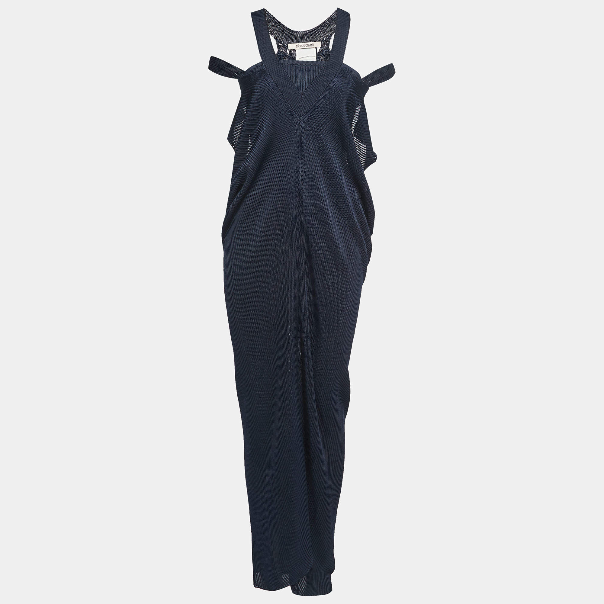 Pre Owned Roberto Cavalli Navy Blue Knit Off Shoulder Midi Dress M