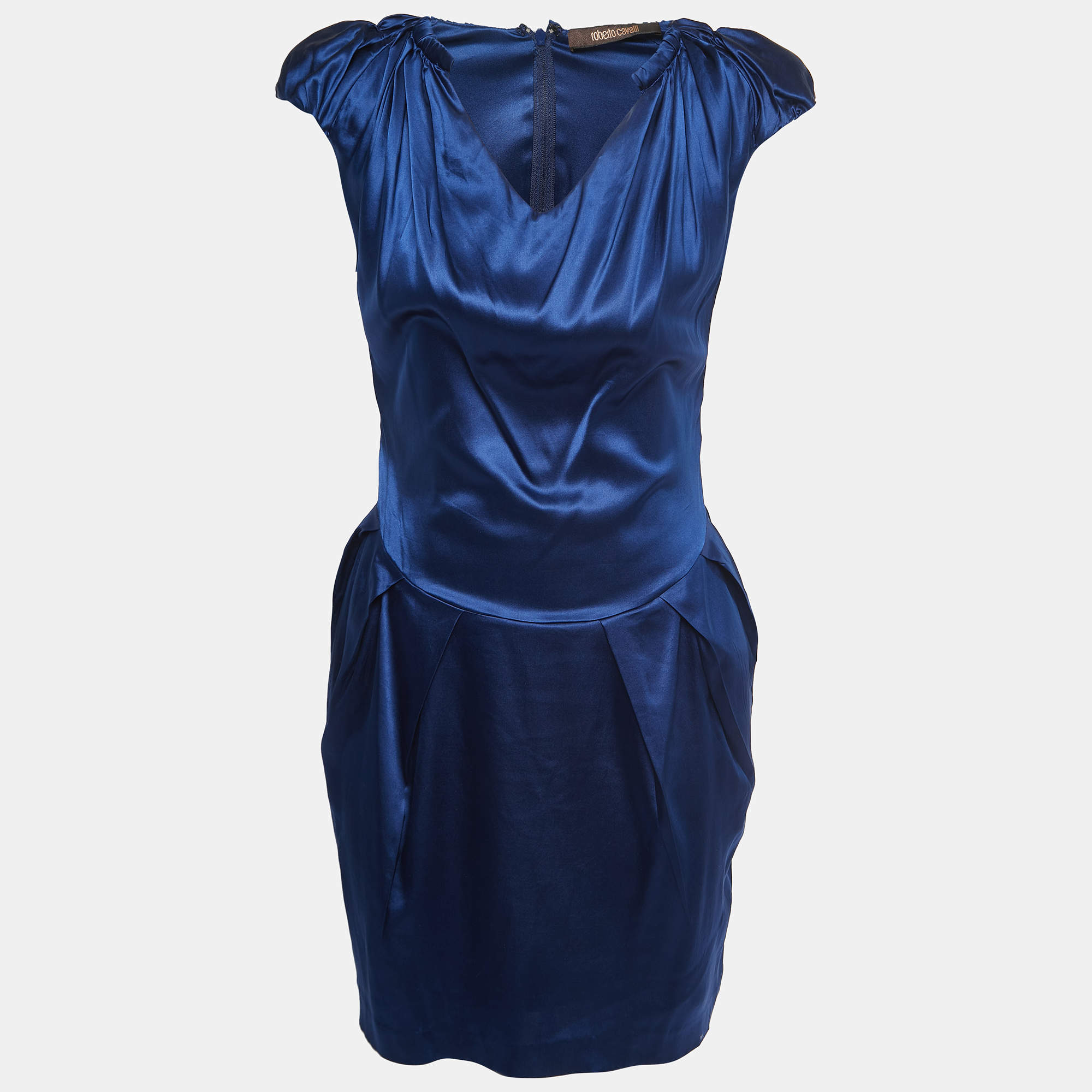 Pre Owned Roberto Cavalli Blue Satin Silk V Neck Pleated Short Dress S