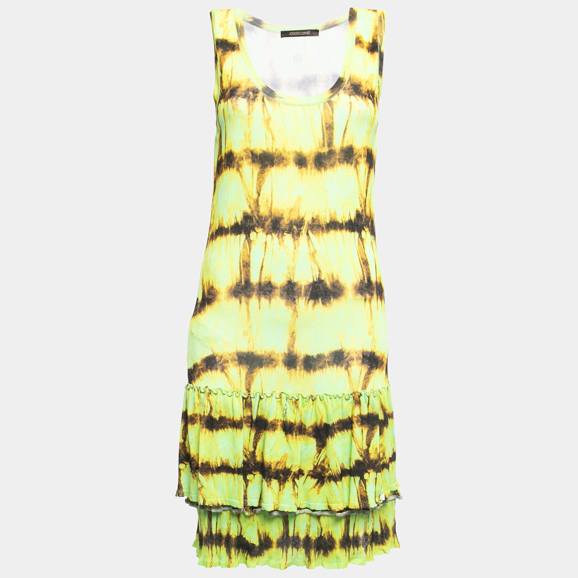 Pre Owned Roberto Cavalli Neon Green/Yellow Abstract Print Jersey Frilled Sleeveless Short Dress S