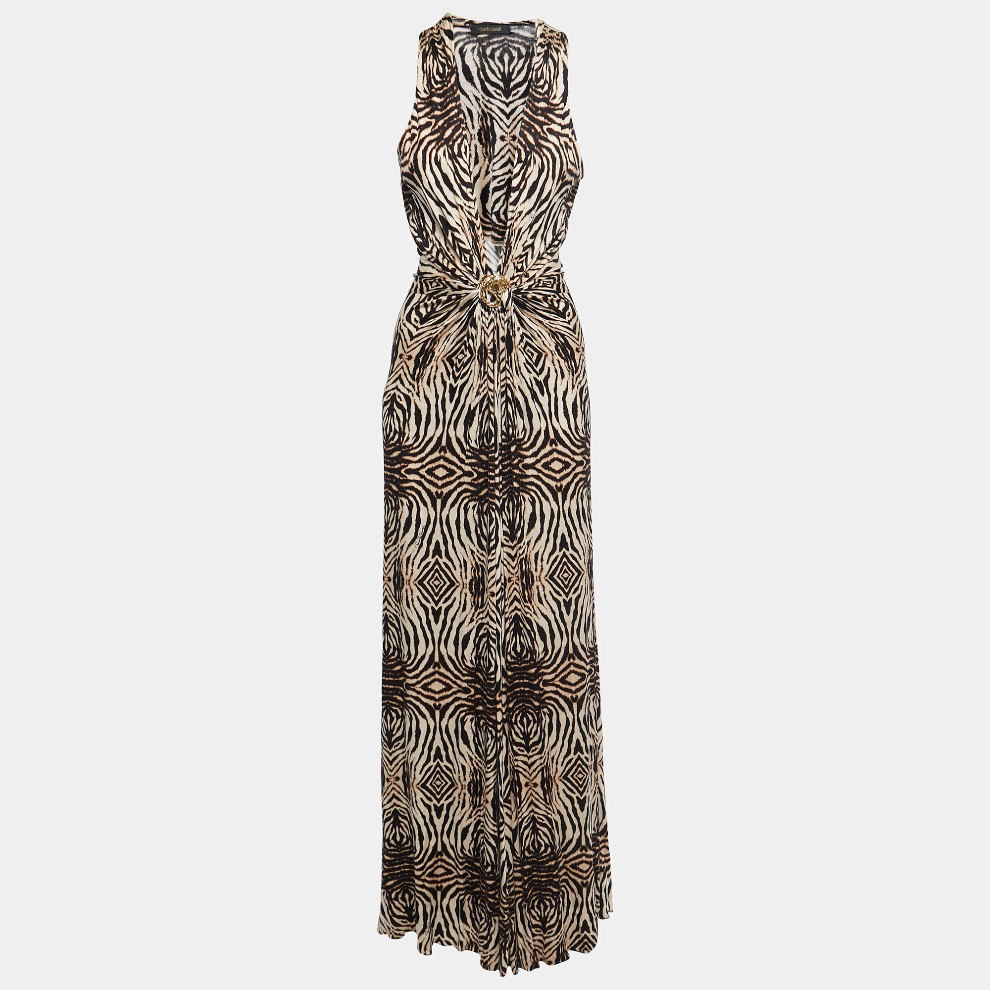 Pre Owned Roberto Cavalli Brown/Beige Animal Print Jersey Maxi Dress M