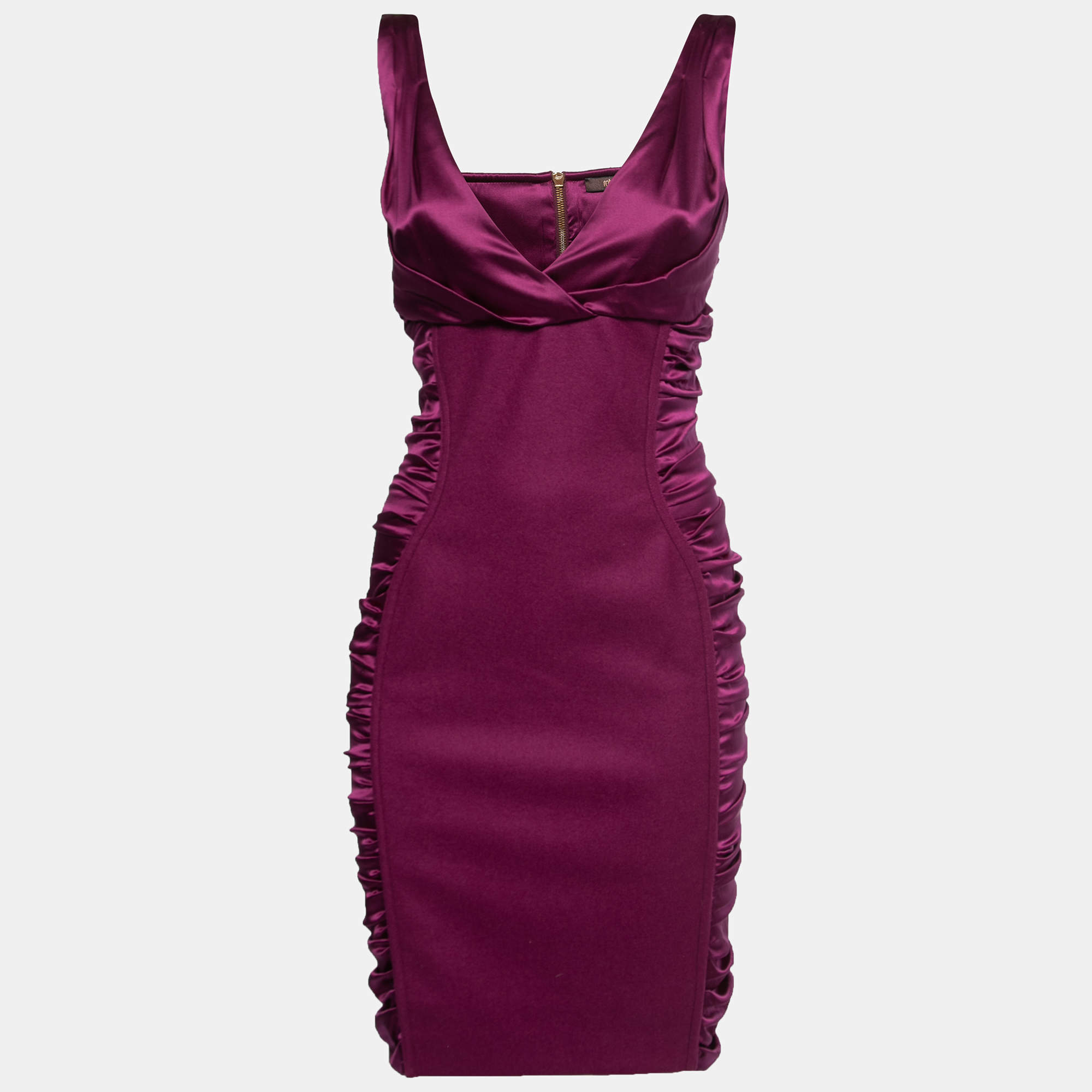 Pre Owned Roberto Cavalli Purple Silk & Wool Ruched Bodycon Mini Dress M