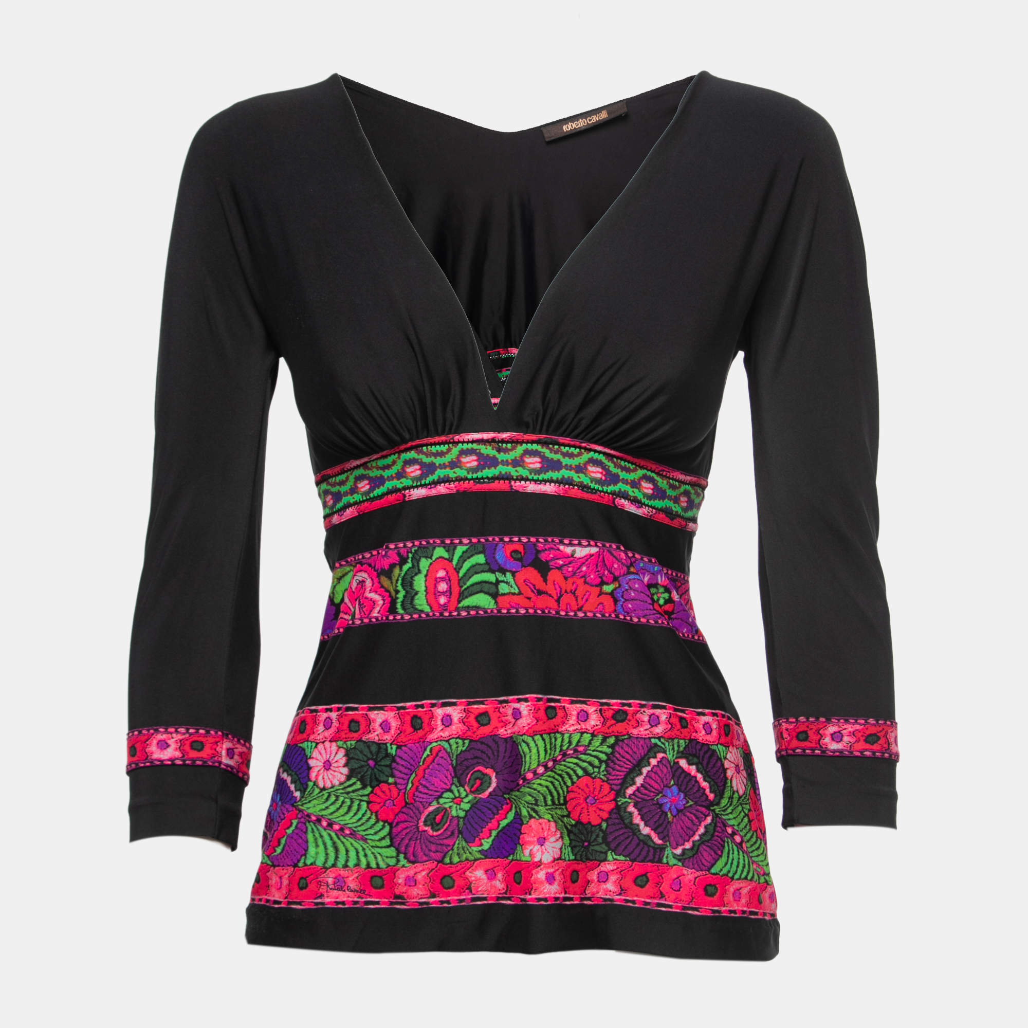 Pre Owned Roberto Cavalli Black Floral Printed Jersey V-Neck Top S