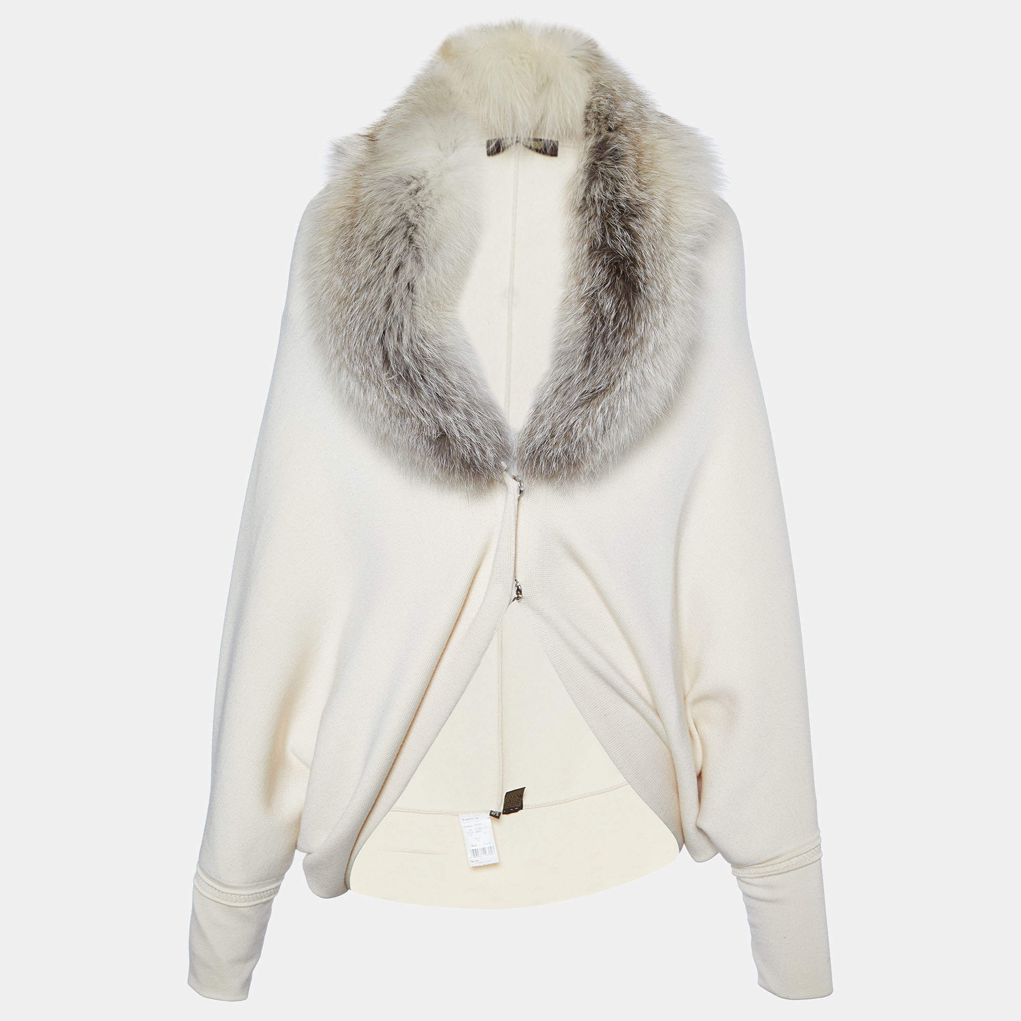 Pre Owned Roberto Cavalli Cream Wool Knit Detachable Fur Collar Shrug S