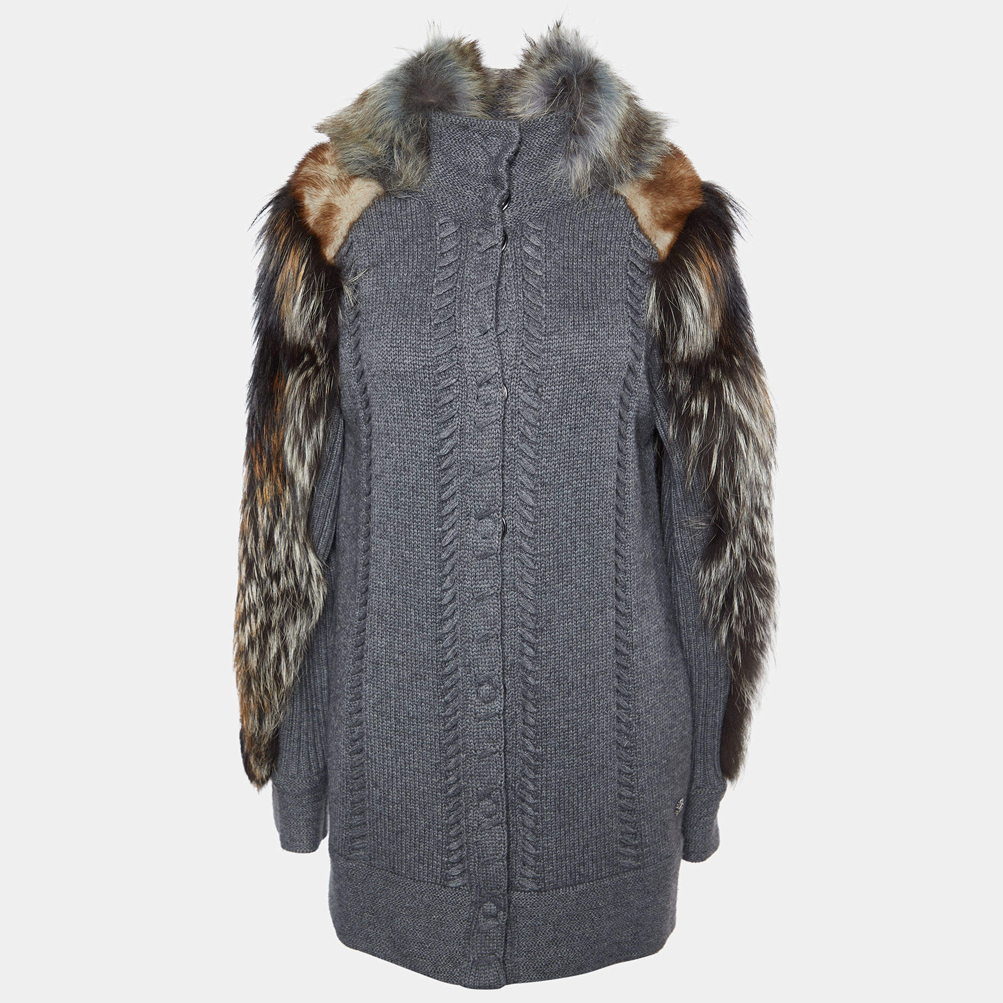 Pre Owned Roberto Cavalli Grey Wool & Silk Knit Fur Collar Sweater M