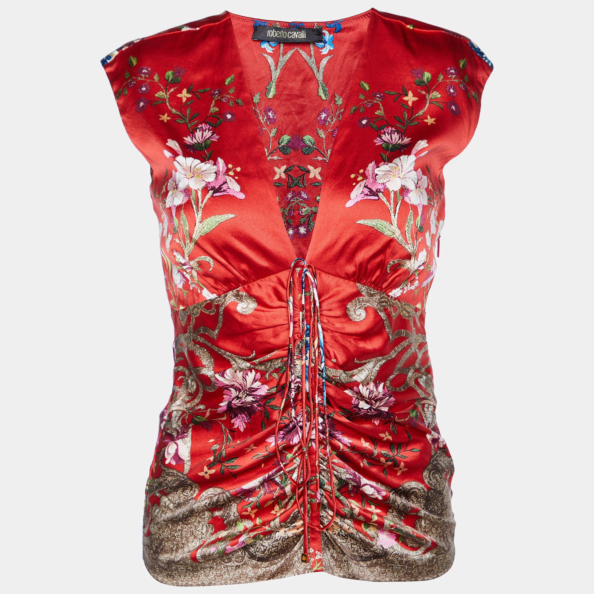 Pre Owned Roberto Cavalli Red Printed Silk Satin Ruched Sleeveless Top S