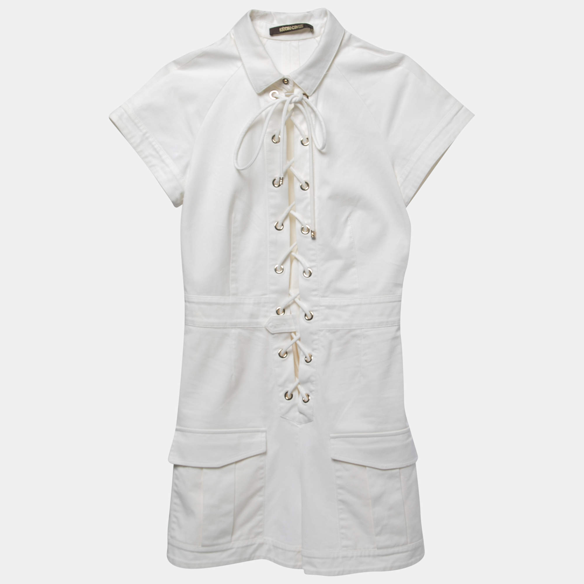 Roberto Cavalli White Cotton Lace-Up Playsuit S