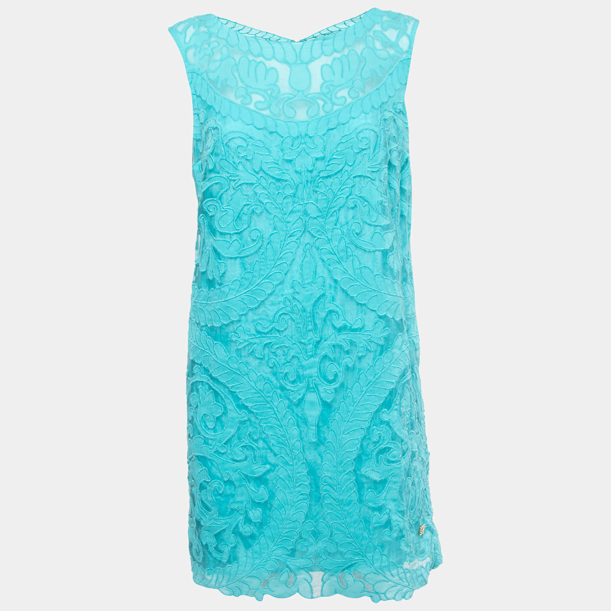 Pre Owned Cavalli Class Blue Embroidered Silk Sleeveless Shift Dress L