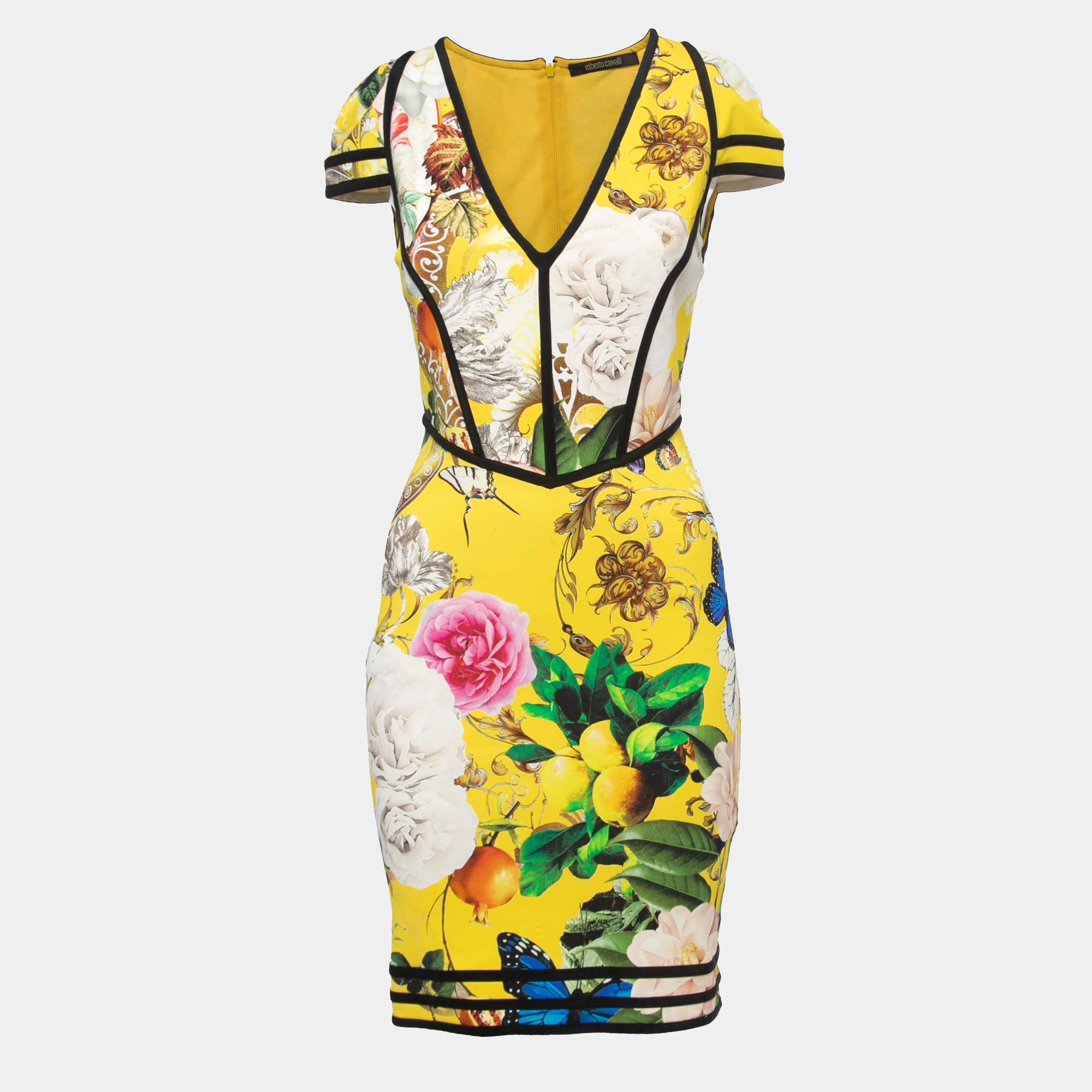 Pre Owned Roberto Cavalli Yellow Floral Printed Jersey Mini Dress S