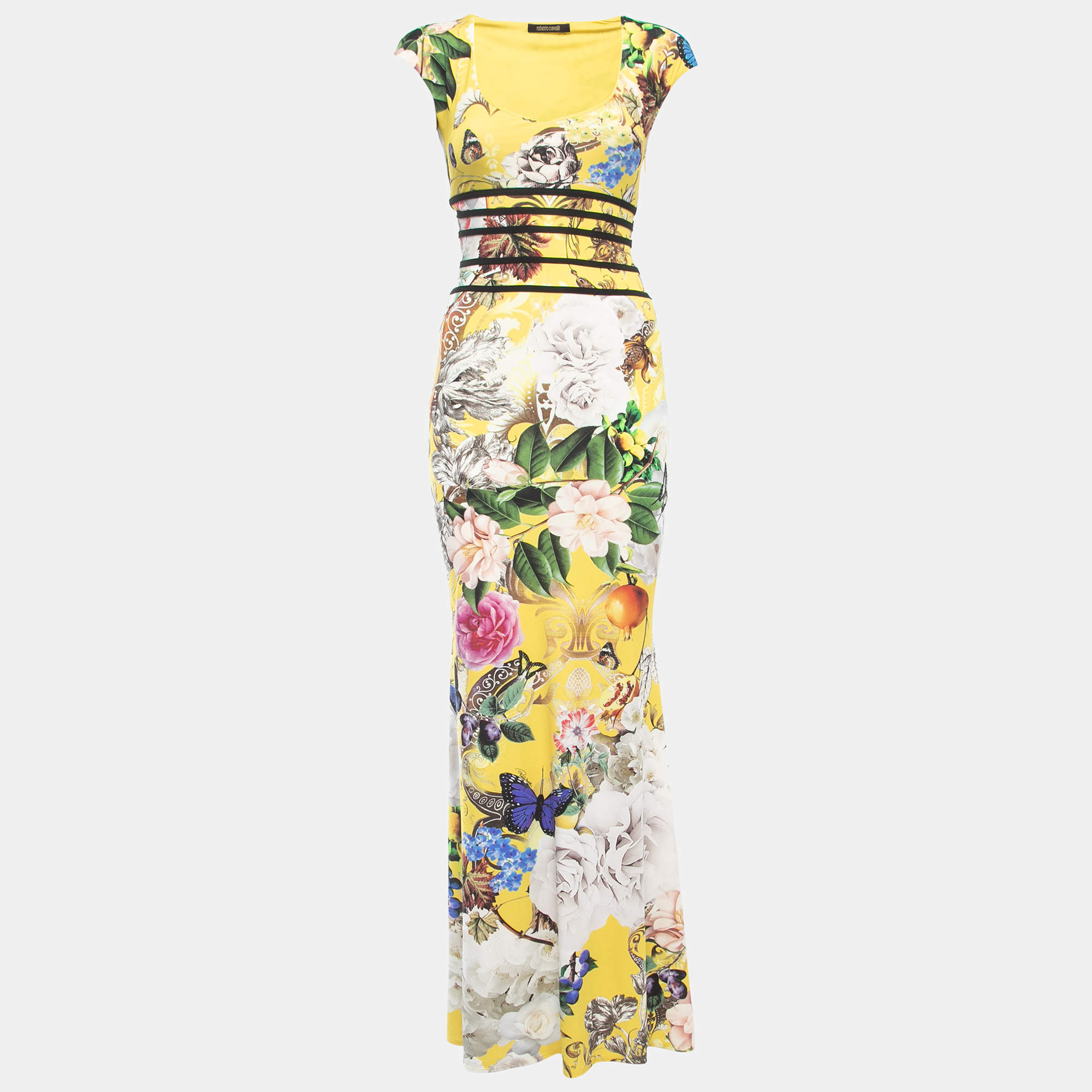 Pre Owned Roberto Cavalli Yellow Floral Printed Jersey Maxi Dress M