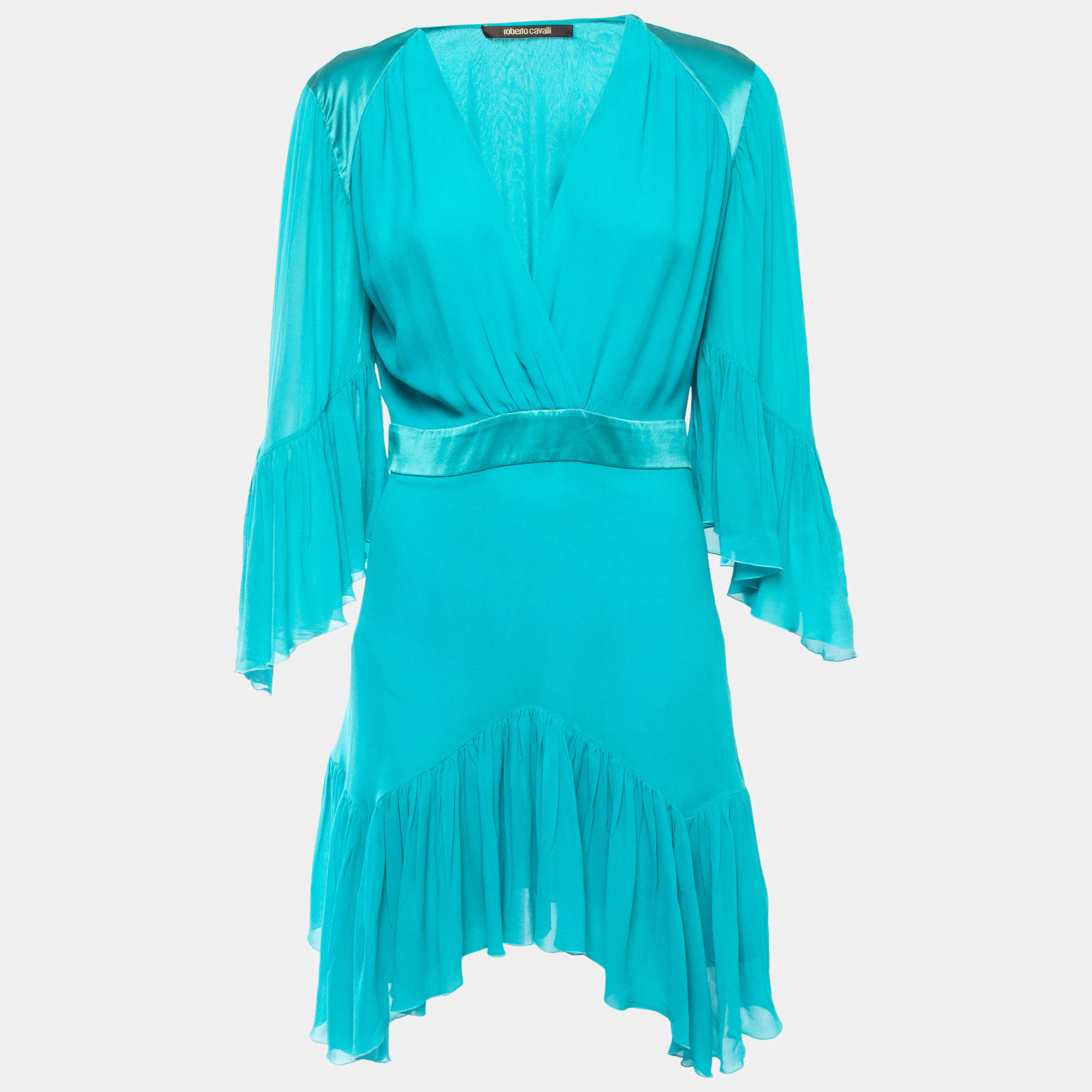 Pre Owned Roberto Cavalli Blue Silk Chiffon Satin Trimmed Bell Sleeve Short Dress M