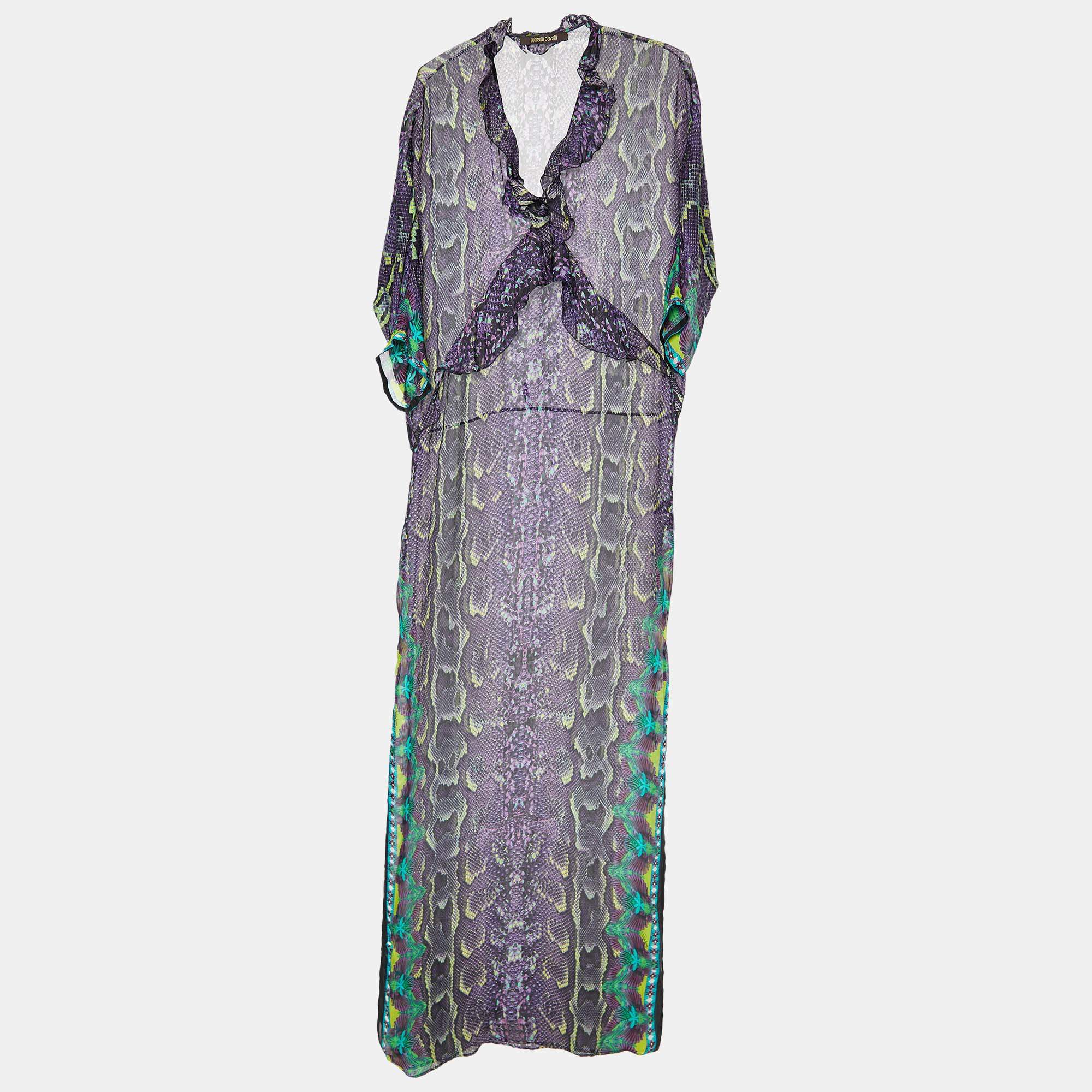 Pre Owned Roberto Cavalli Multicolor Printed Silk Ruffle Detail Maxi Dress S