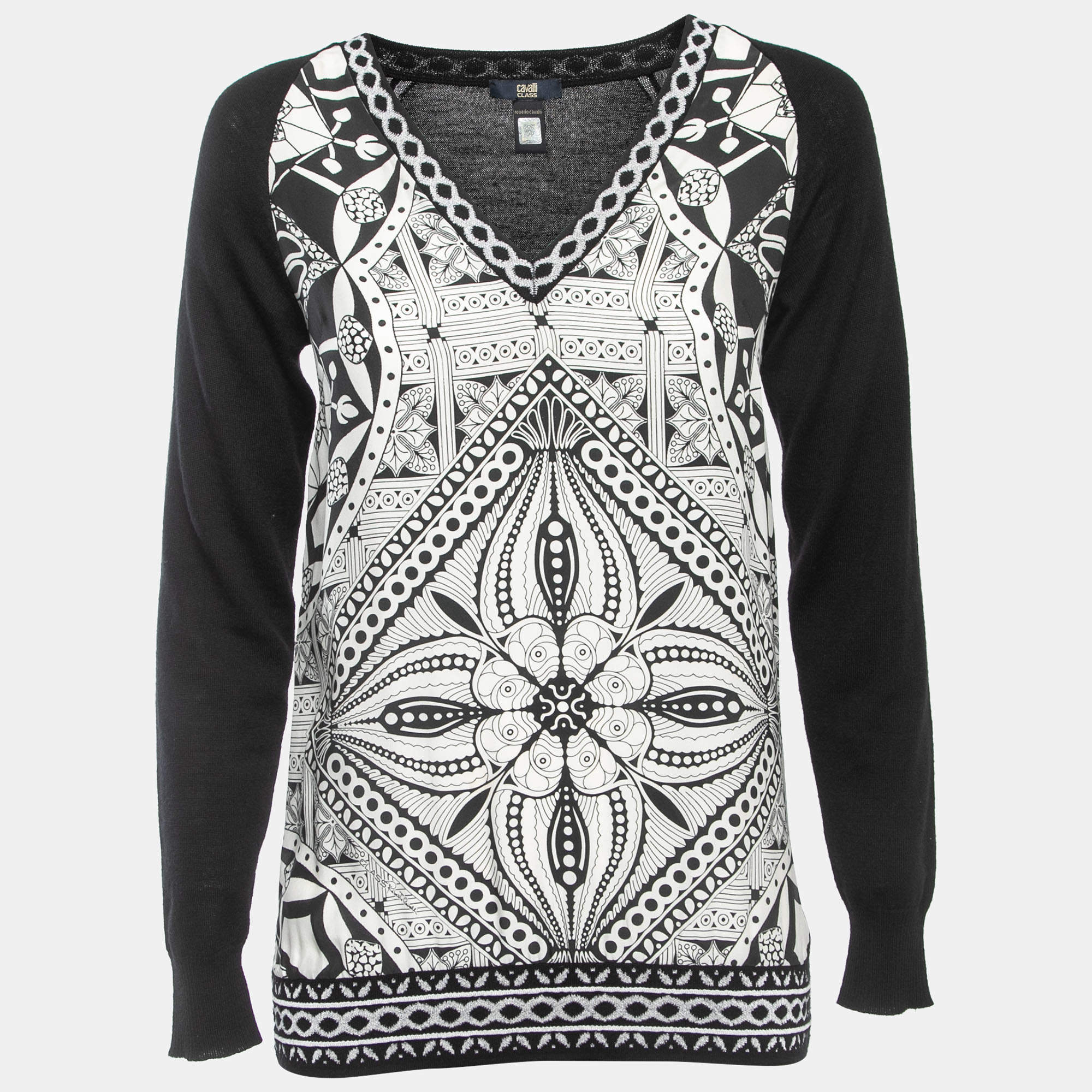 Class by Roberto Cavalli Black Wool & Printed Silk V-Neck Sweater S 