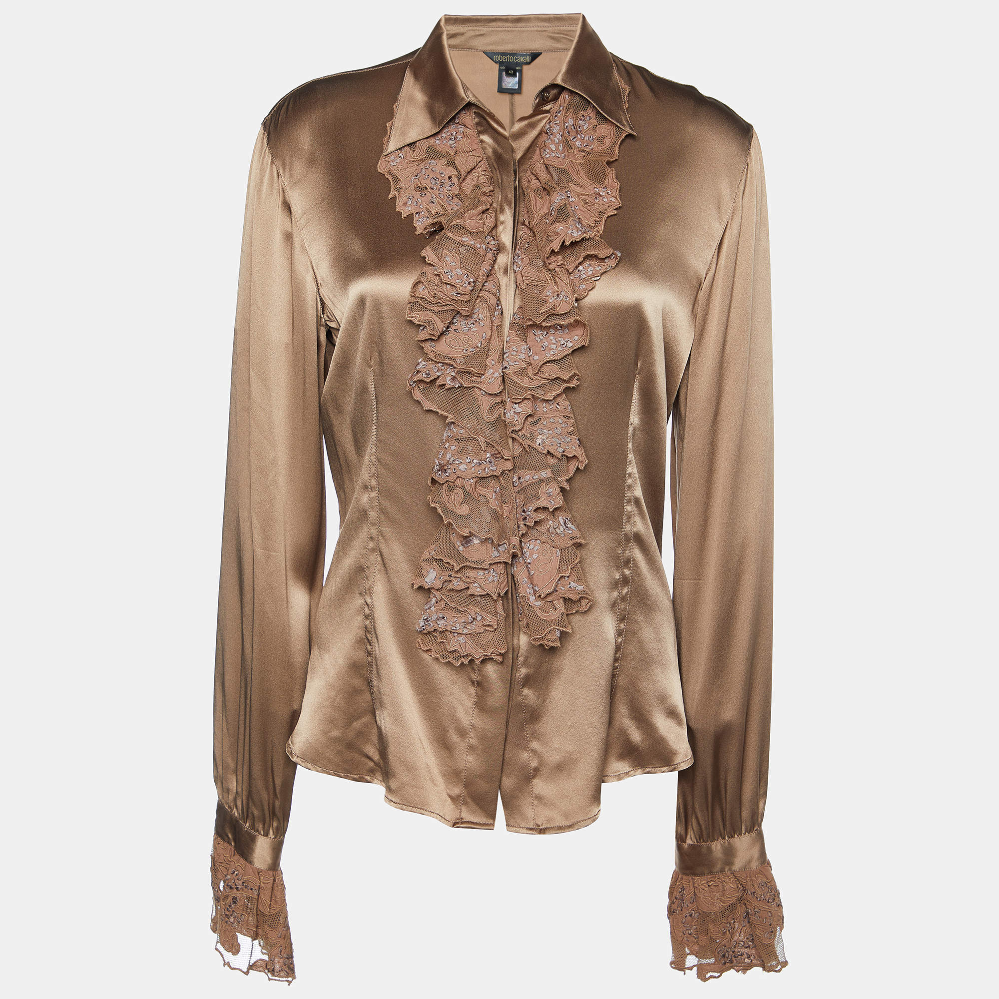 Pre Owned Roberto Cavalli Brown Satin & Lace Trim Shirt M