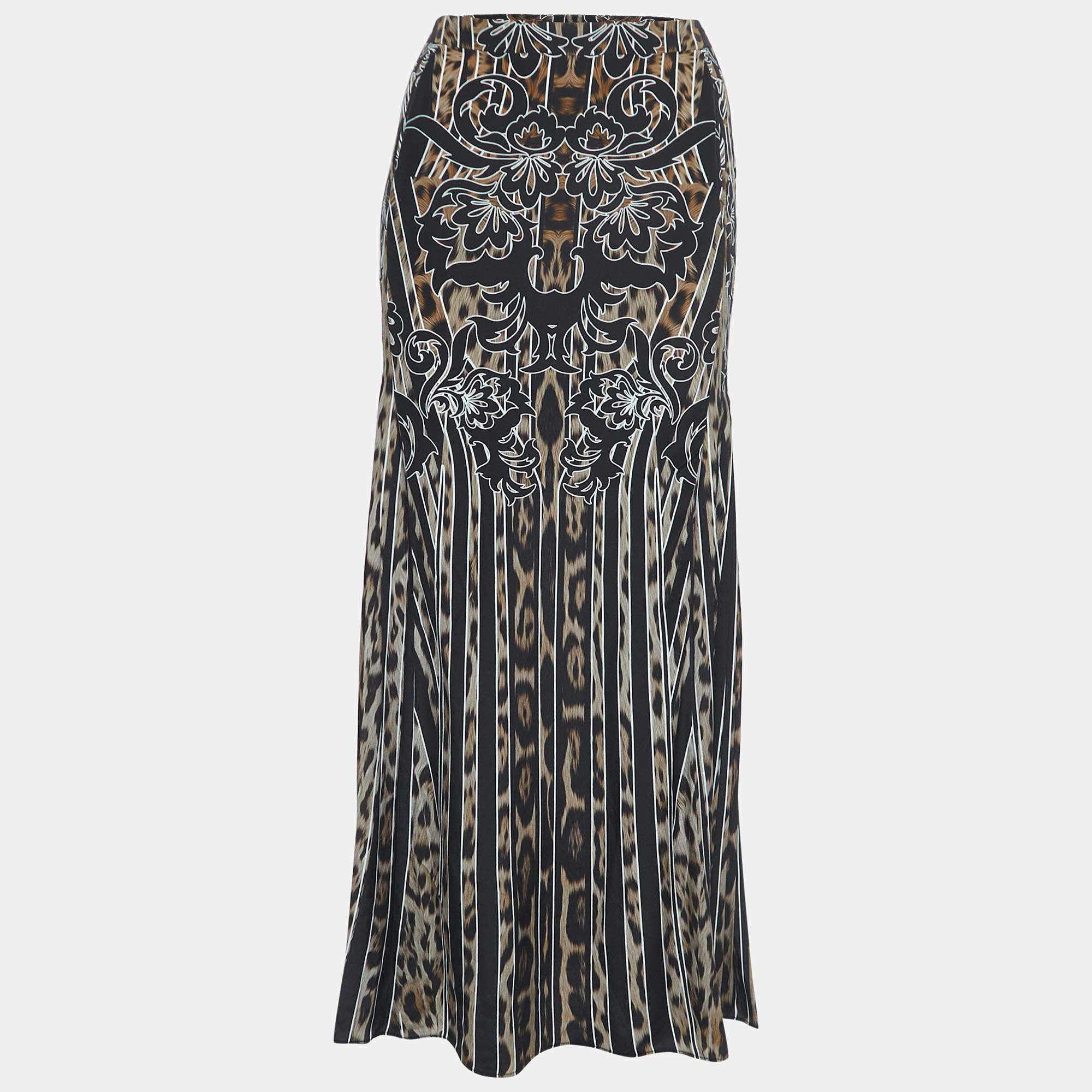 Pre Owned Roberto Cavalli Black Animal Print Crepe Maxi Skirt M