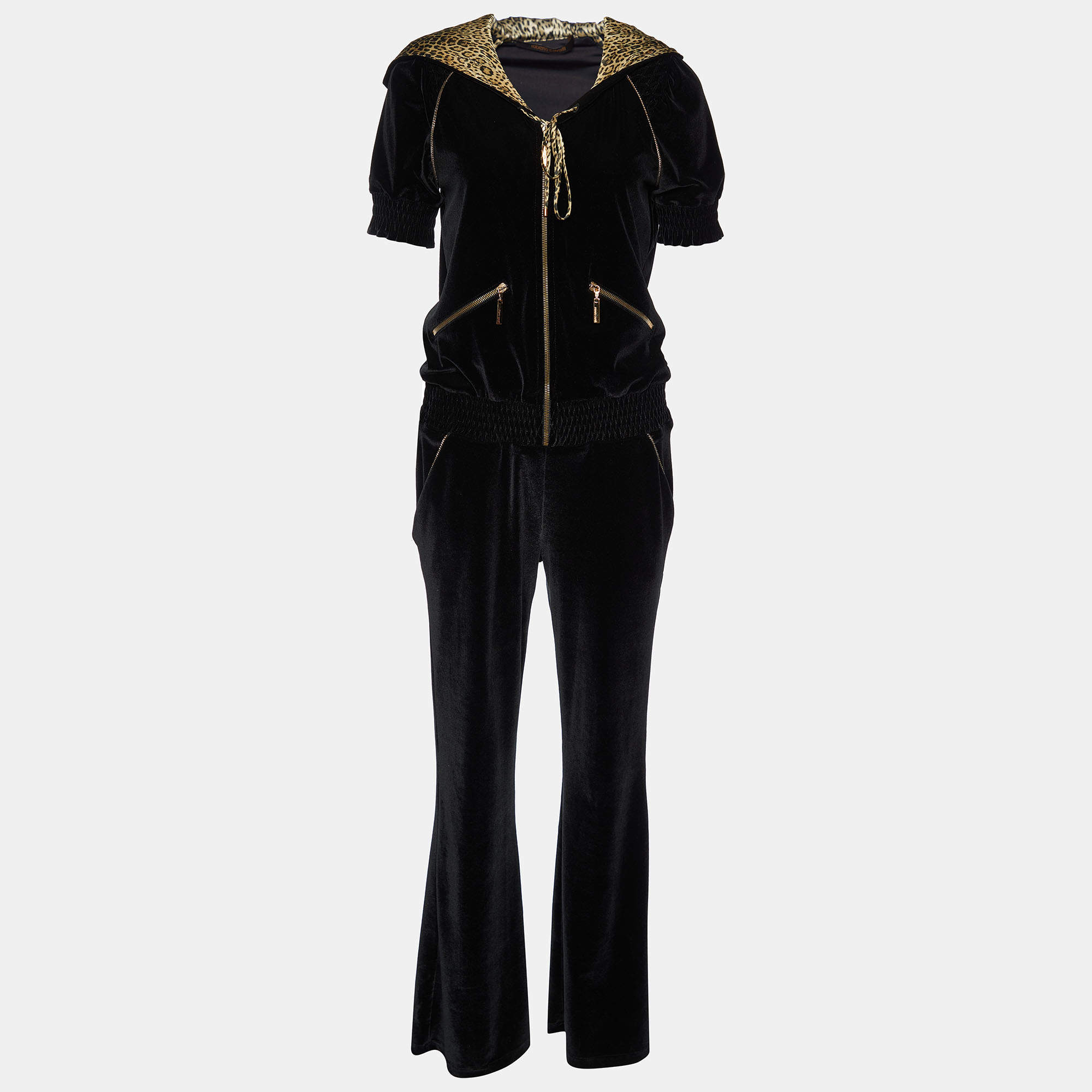 Pre Owned Roberto Cavalli Black Velvet Hooded Jumpsuit M