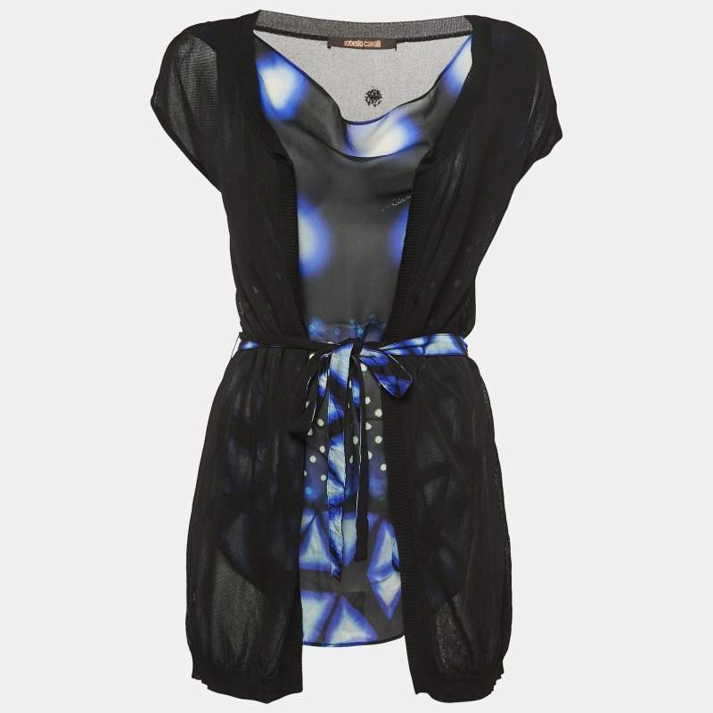 Pre Owned Roberto Cavalli Black/Blue Print Silk & Knit Sleeveless Belted Top S